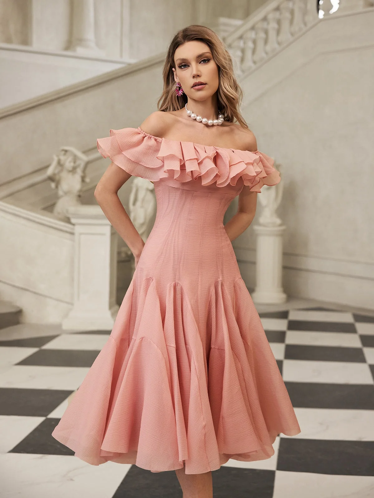 Blush Off Shoulder Ruffle Midi Dress - Elegant Versatile Style