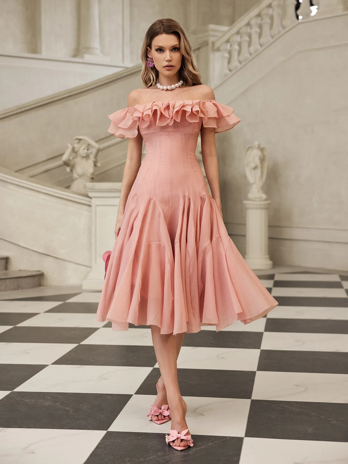 Blush Off Shoulder Ruffle Midi Dress - Elegant Versatile Style
