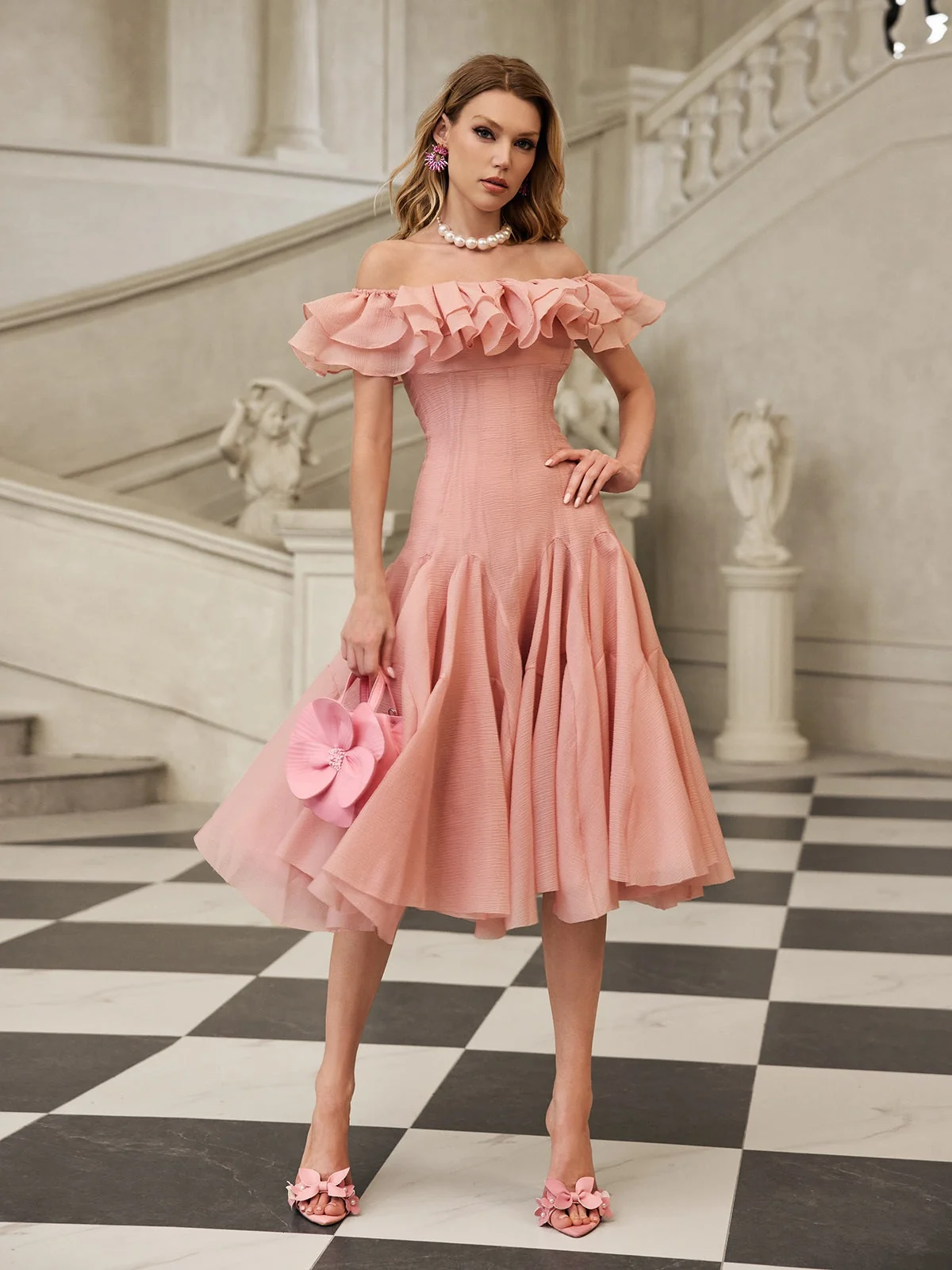 Blush Off Shoulder Ruffle Midi Dress - Elegant Versatile Style