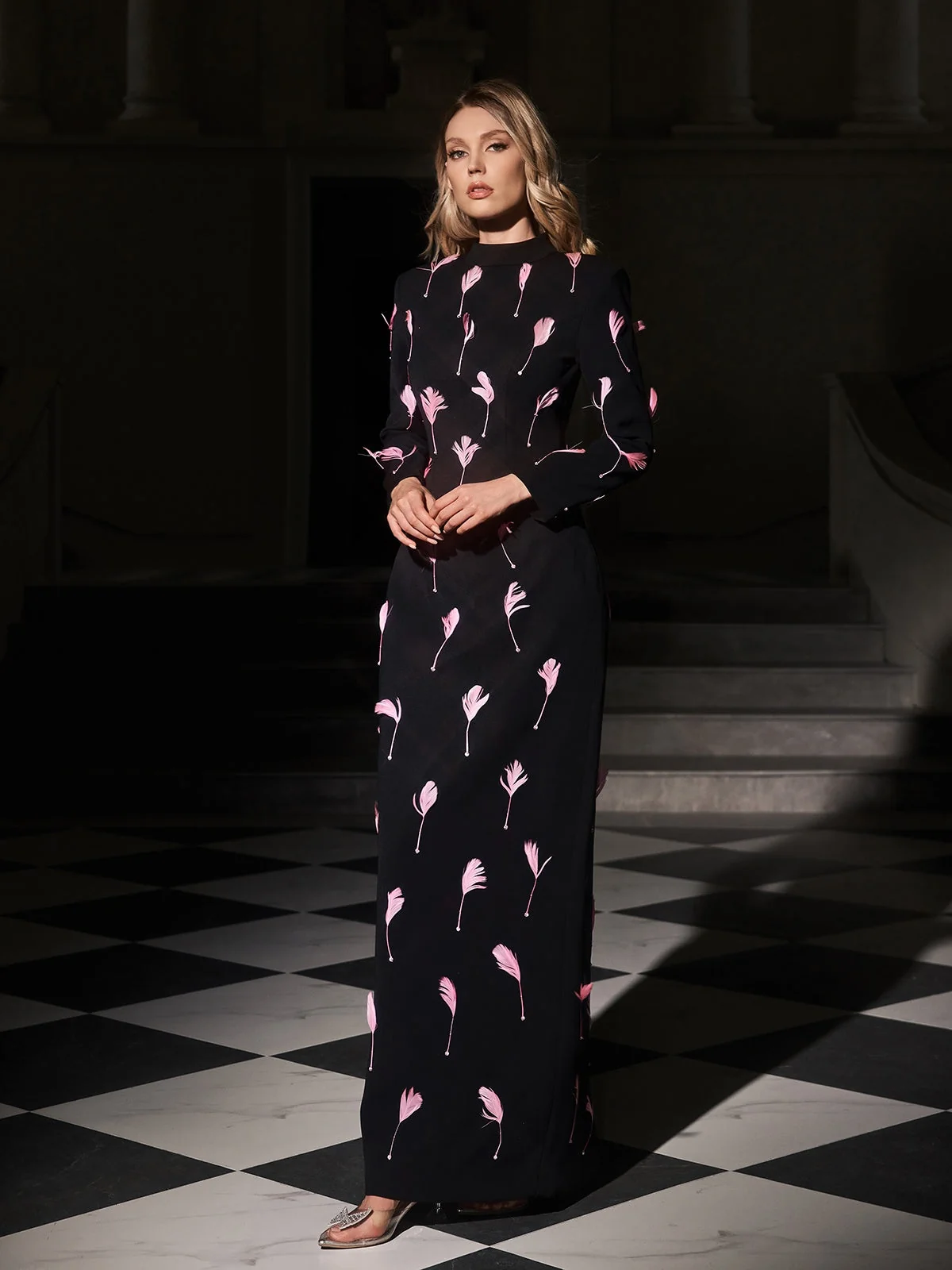 Feather Split Maxi Dress - Elegant Cutout Design