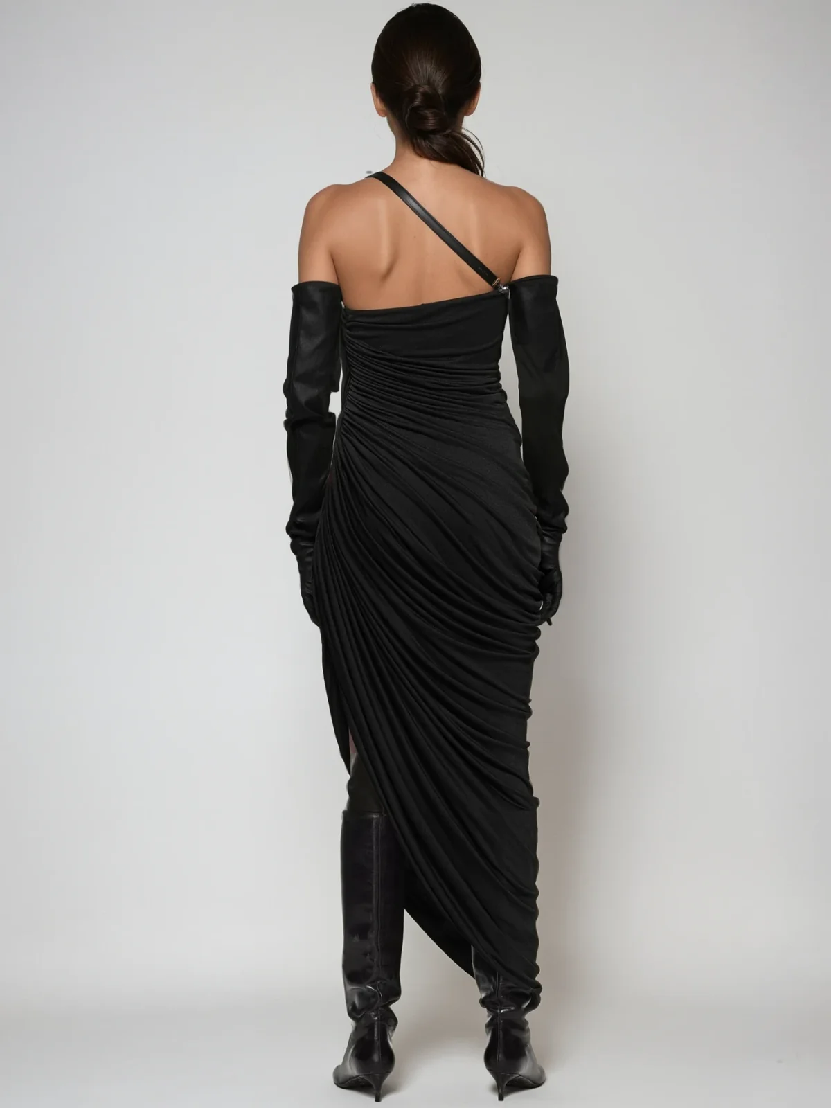 Black Asymmetric Ruched Maxi Dress - Elegant Evening Event Outfit