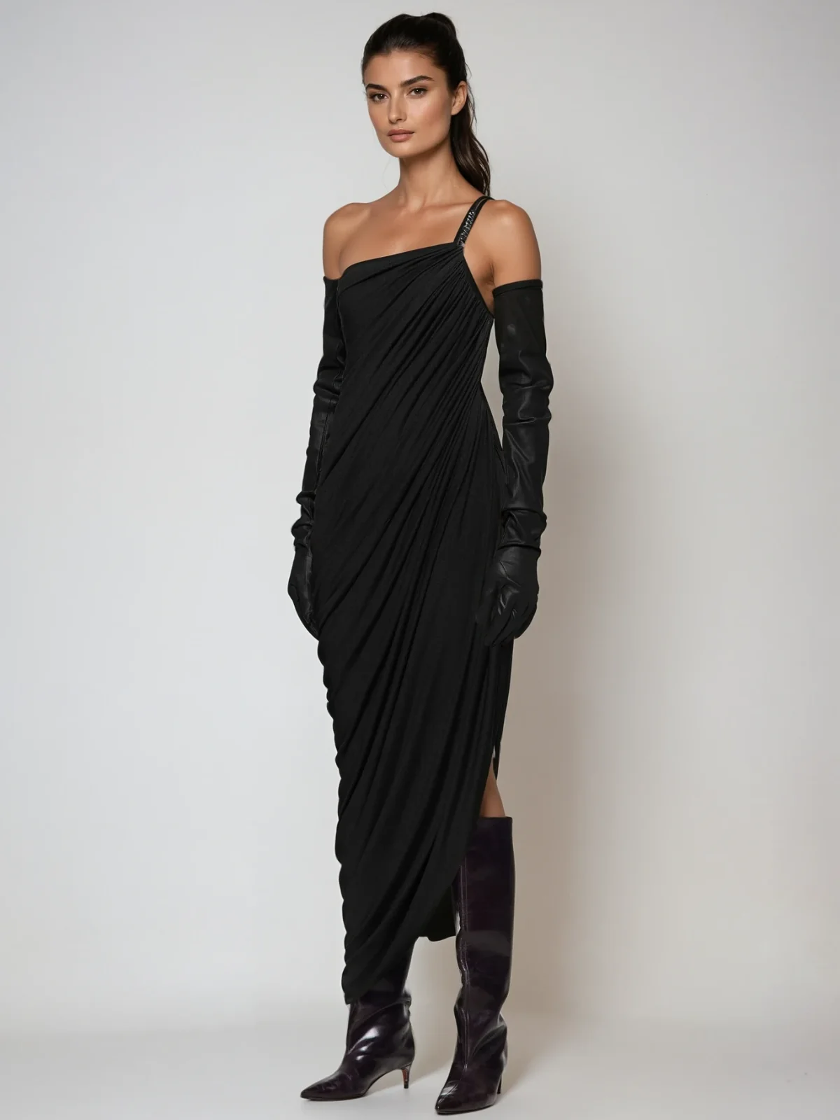 Black Asymmetric Ruched Maxi Dress - Elegant Evening Event Outfit