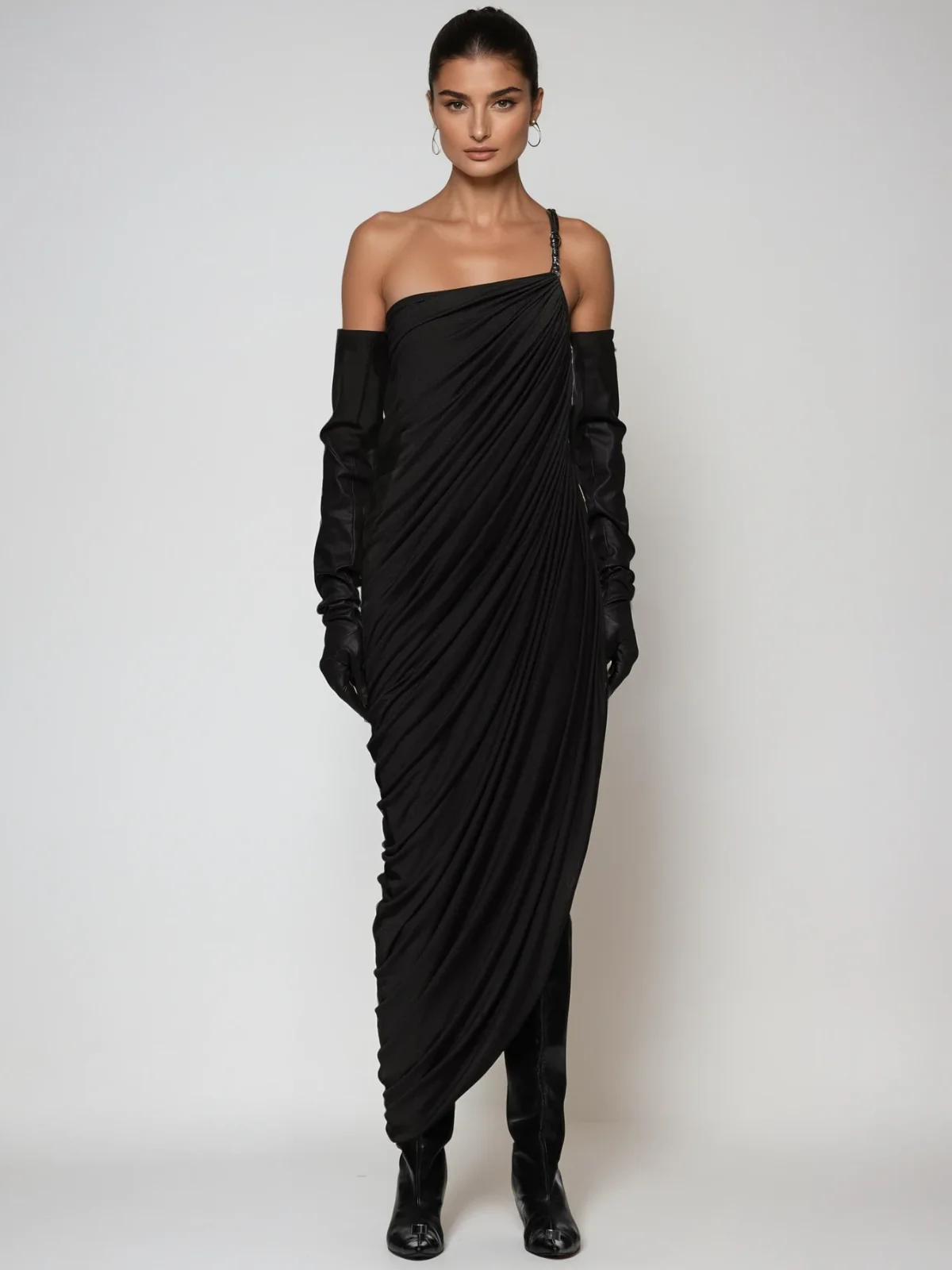 Black Asymmetric Ruched Maxi Dress - Elegant Evening Event Outfit