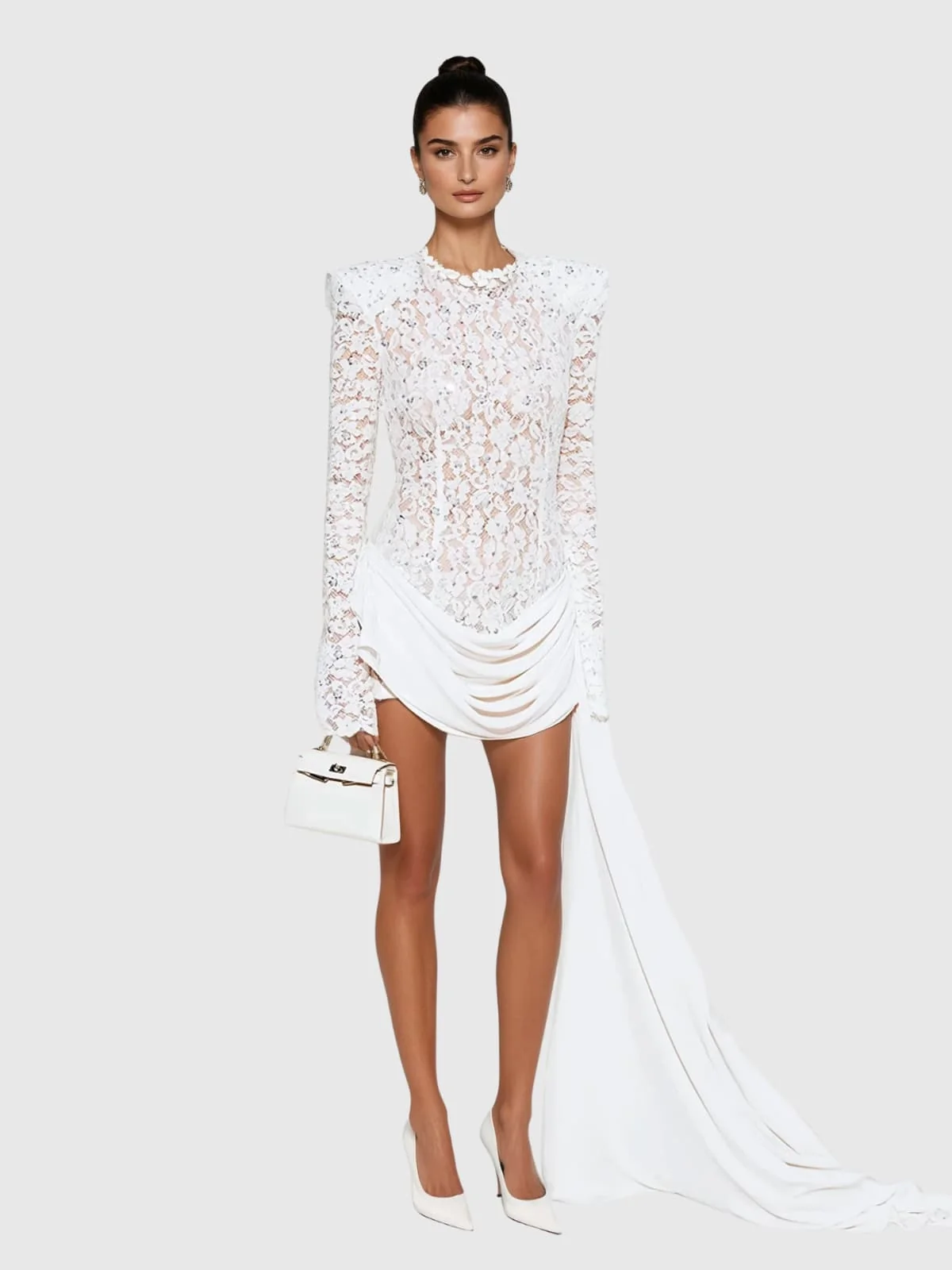 Elegant Lace Draped Long Sleeve Dress