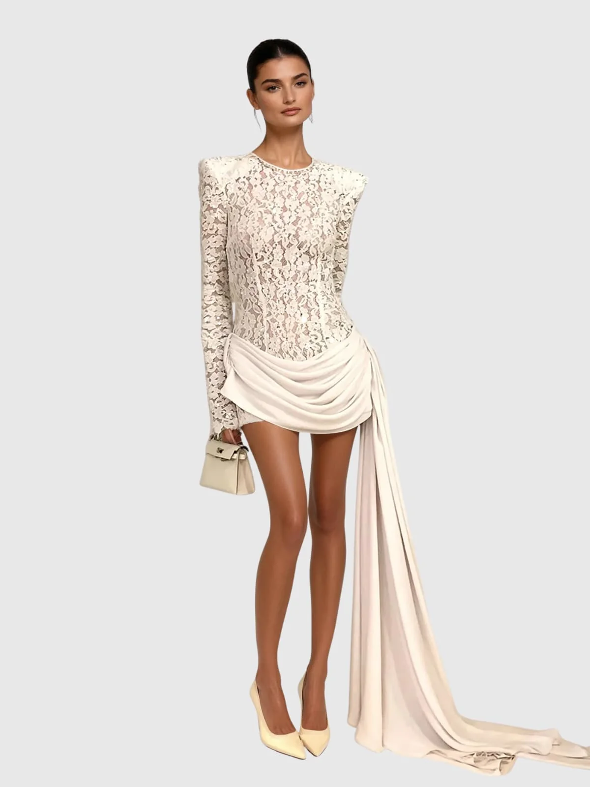 Elegant Lace Draped Long Sleeve Dress