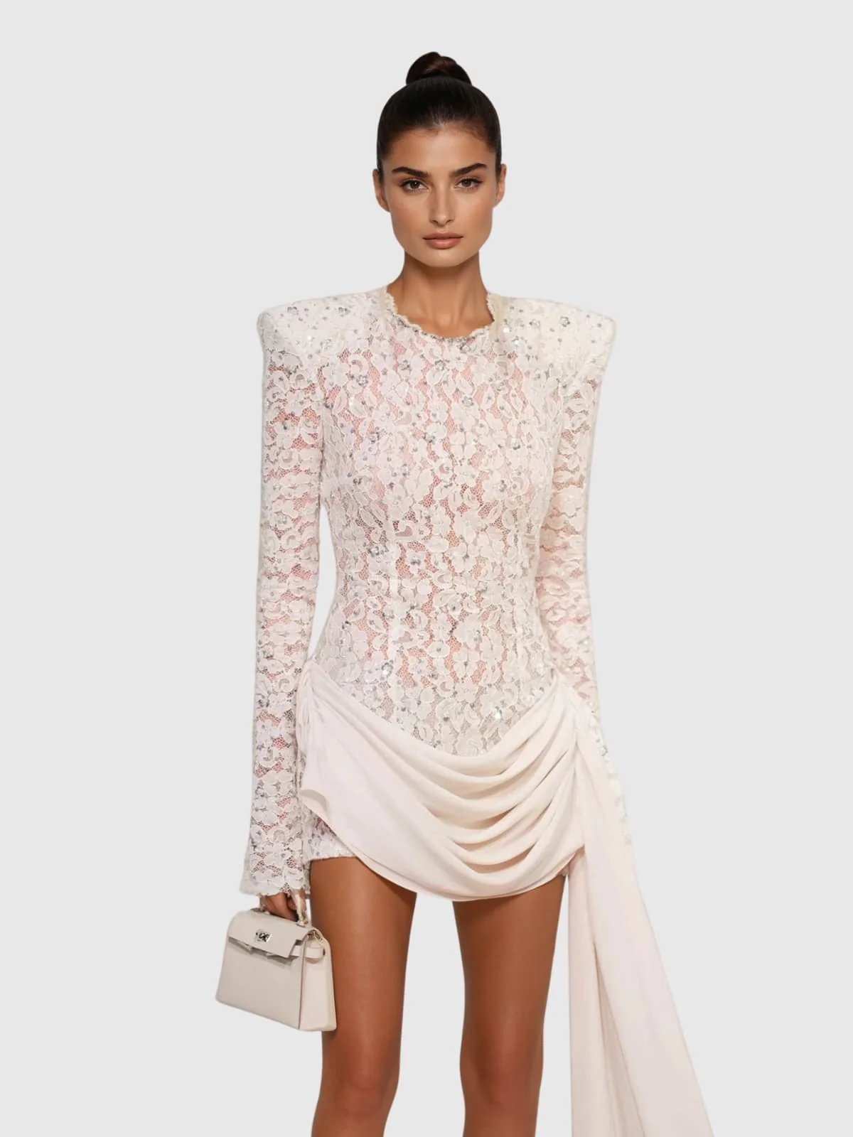 Elegant Lace Draped Long Sleeve Dress
