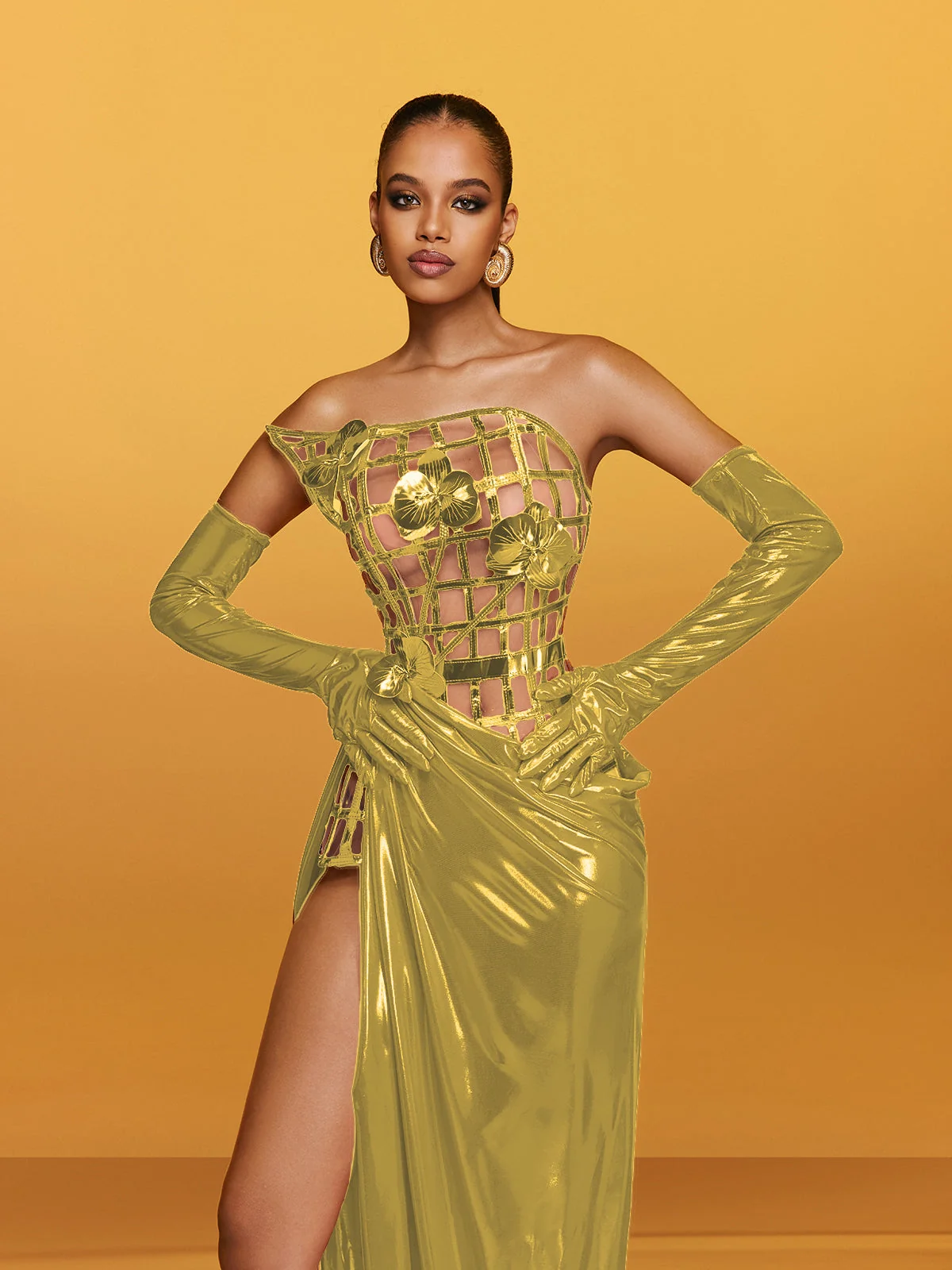 Gold Floral Metallic Strapless Maxi Dress