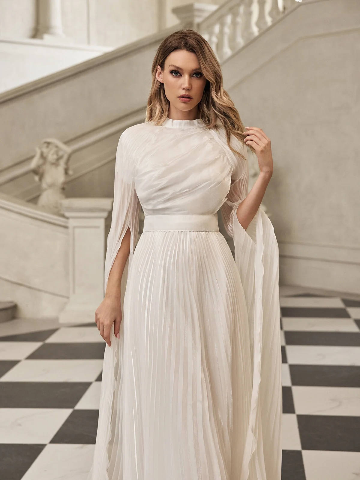 Elegant White Pleated Cape Sleeve Maxi Dress