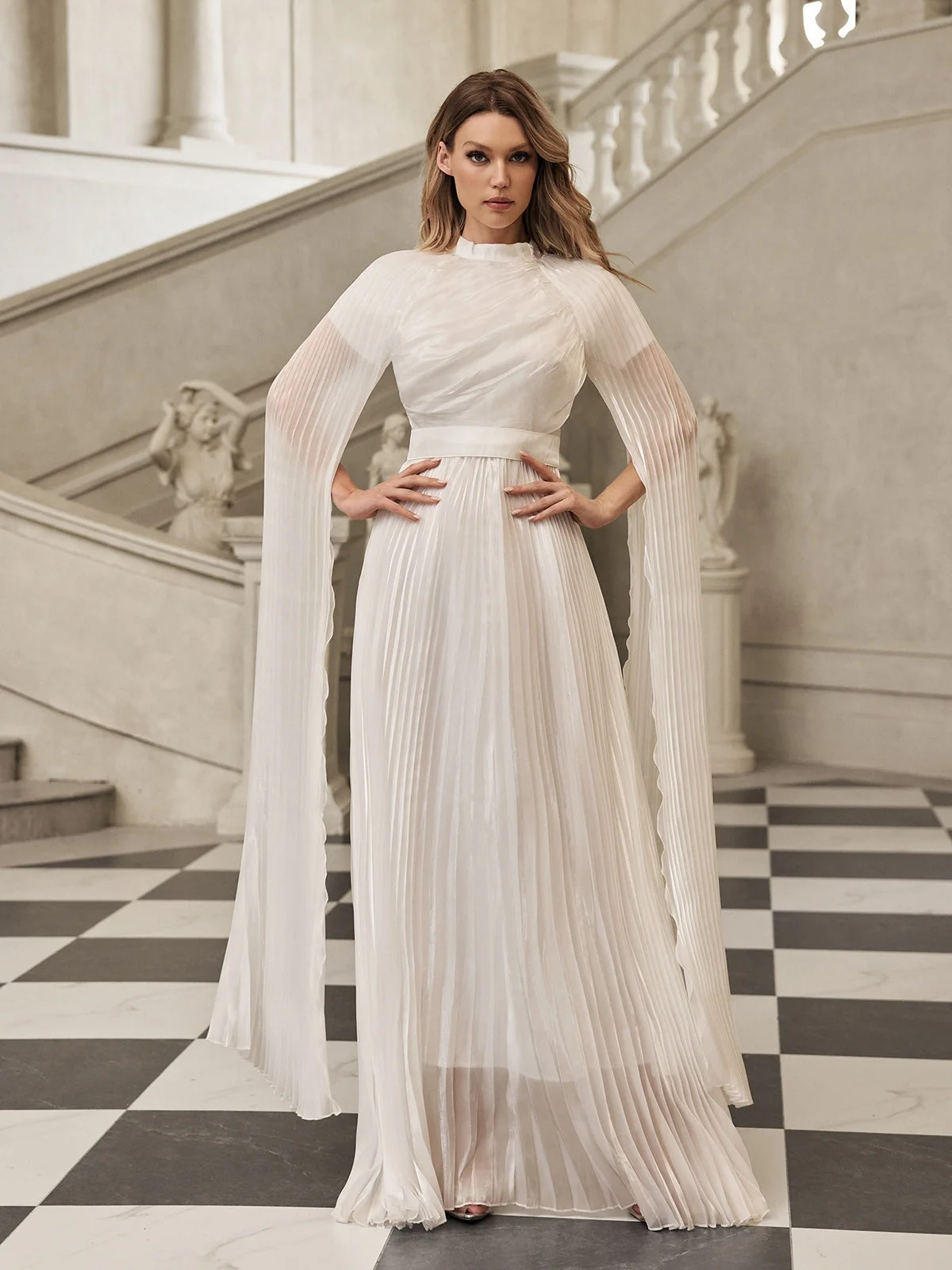 Elegant White Pleated Cape Sleeve Maxi Dress