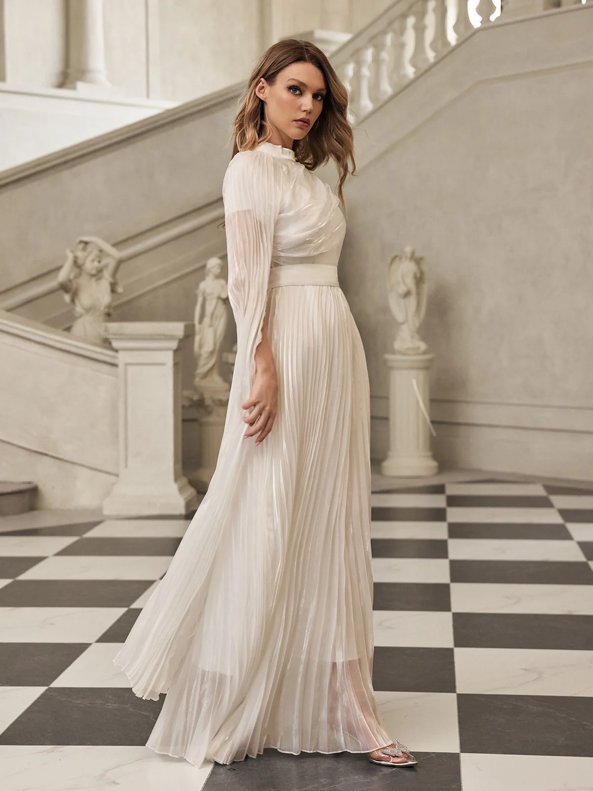 Elegant White Pleated Cape Sleeve Maxi Dress