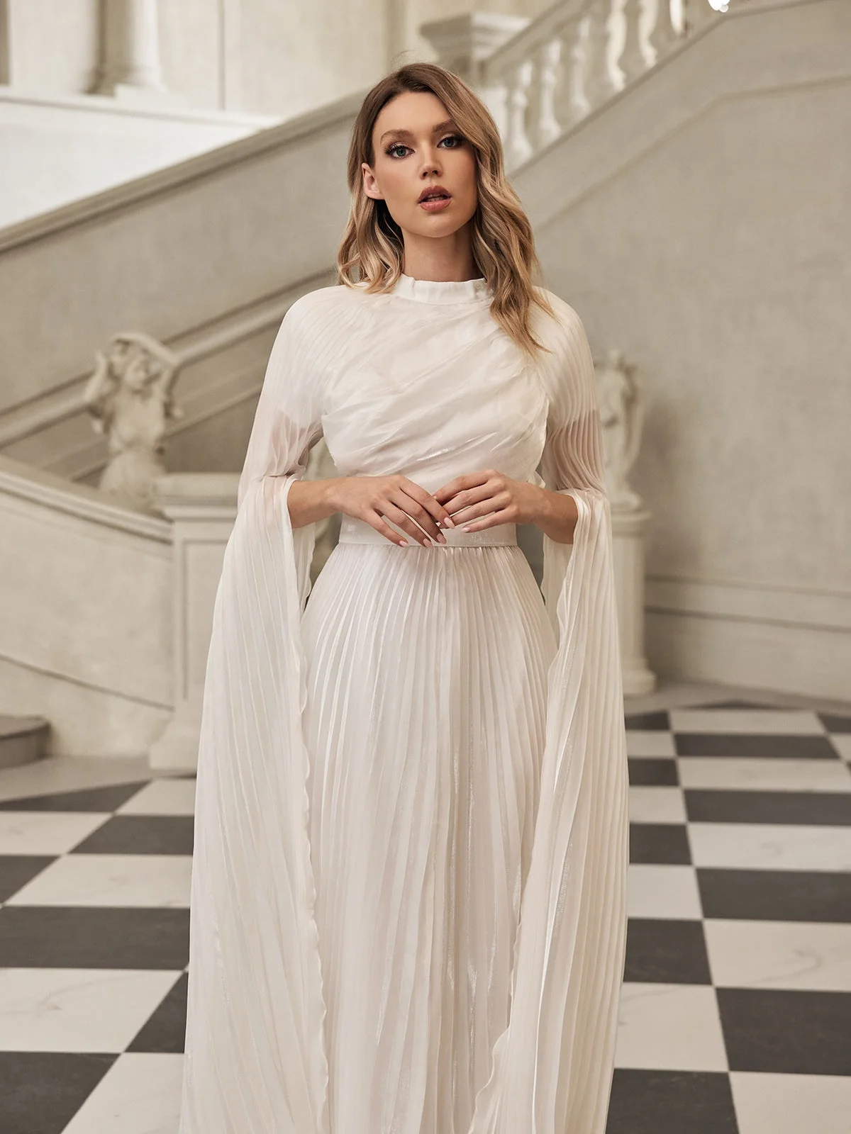 Elegant White Pleated Cape Sleeve Maxi Dress