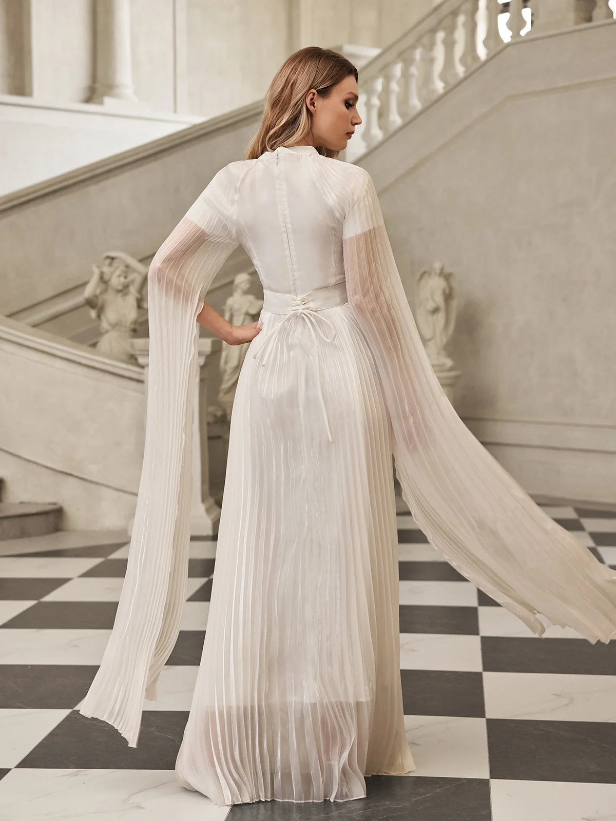 Elegant White Pleated Cape Sleeve Maxi Dress