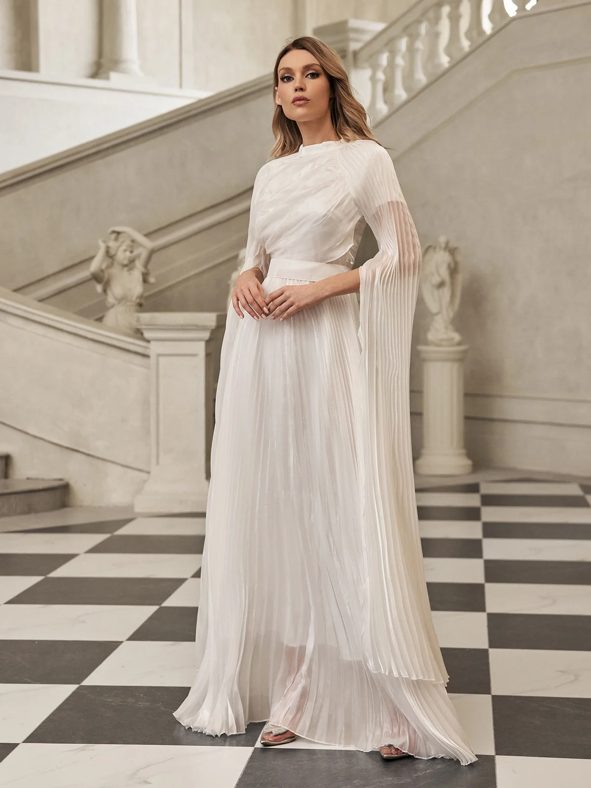 Elegant White Pleated Cape Sleeve Maxi Dress