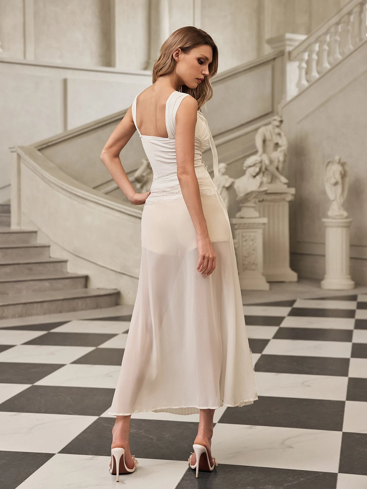 White Lace Pleat Skirt Set - Elegant Tea Dress Ensemble