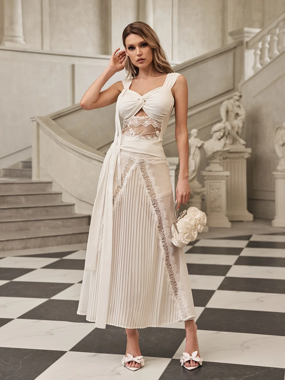 White Lace Pleat Skirt Set - Elegant Tea Dress Ensemble