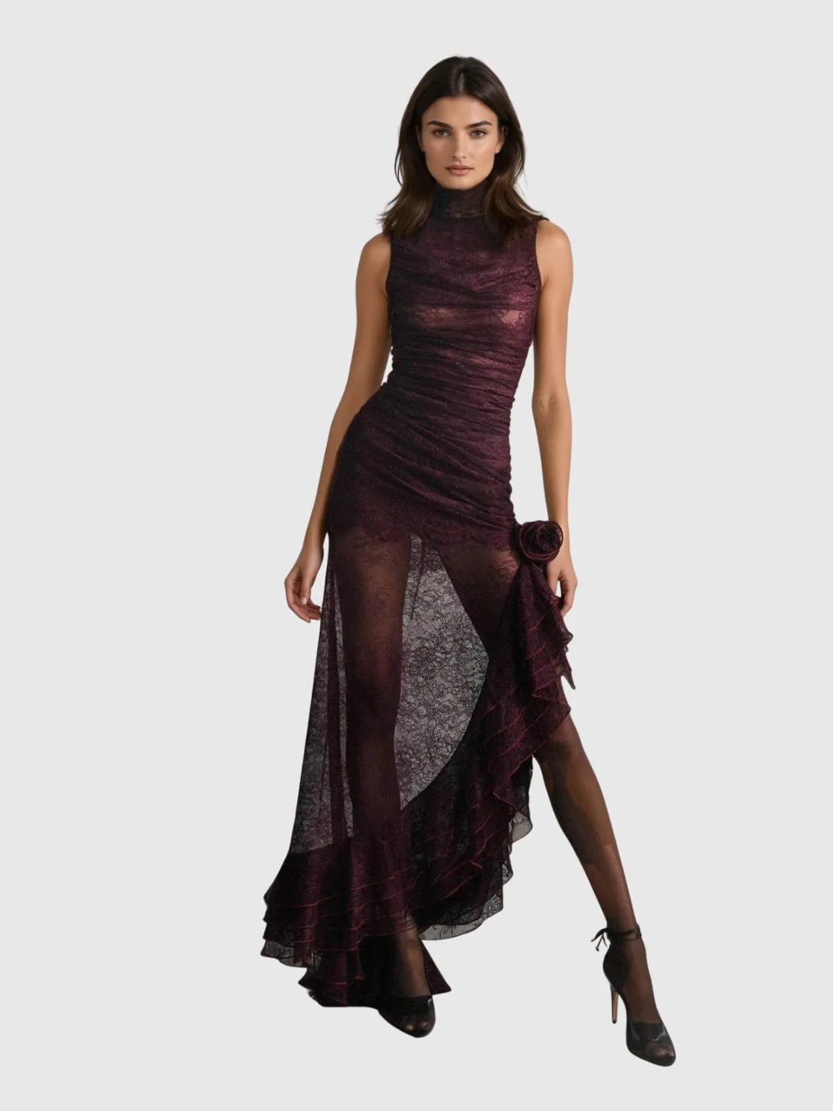 Elegant Lace Ruffle Maxi Dress - Sophisticated High Neck Design