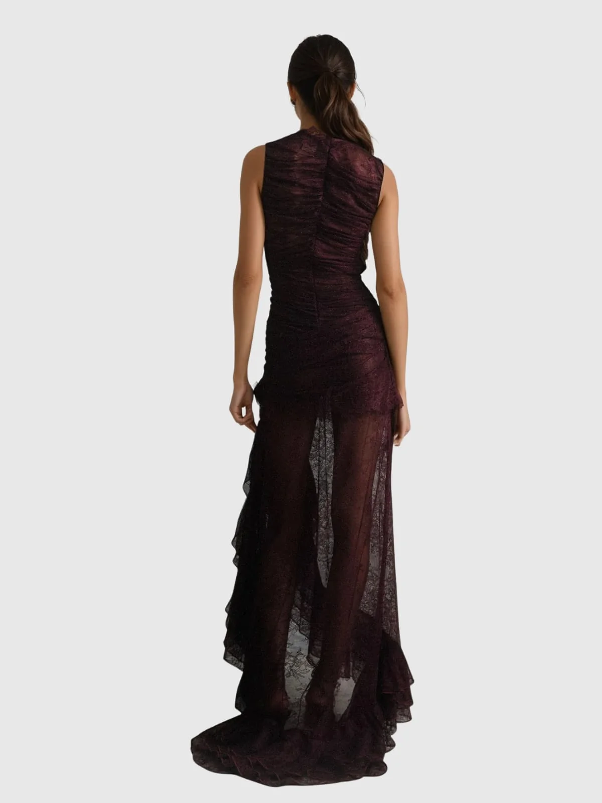 Elegant Lace Ruffle Maxi Dress - Sophisticated High Neck Design