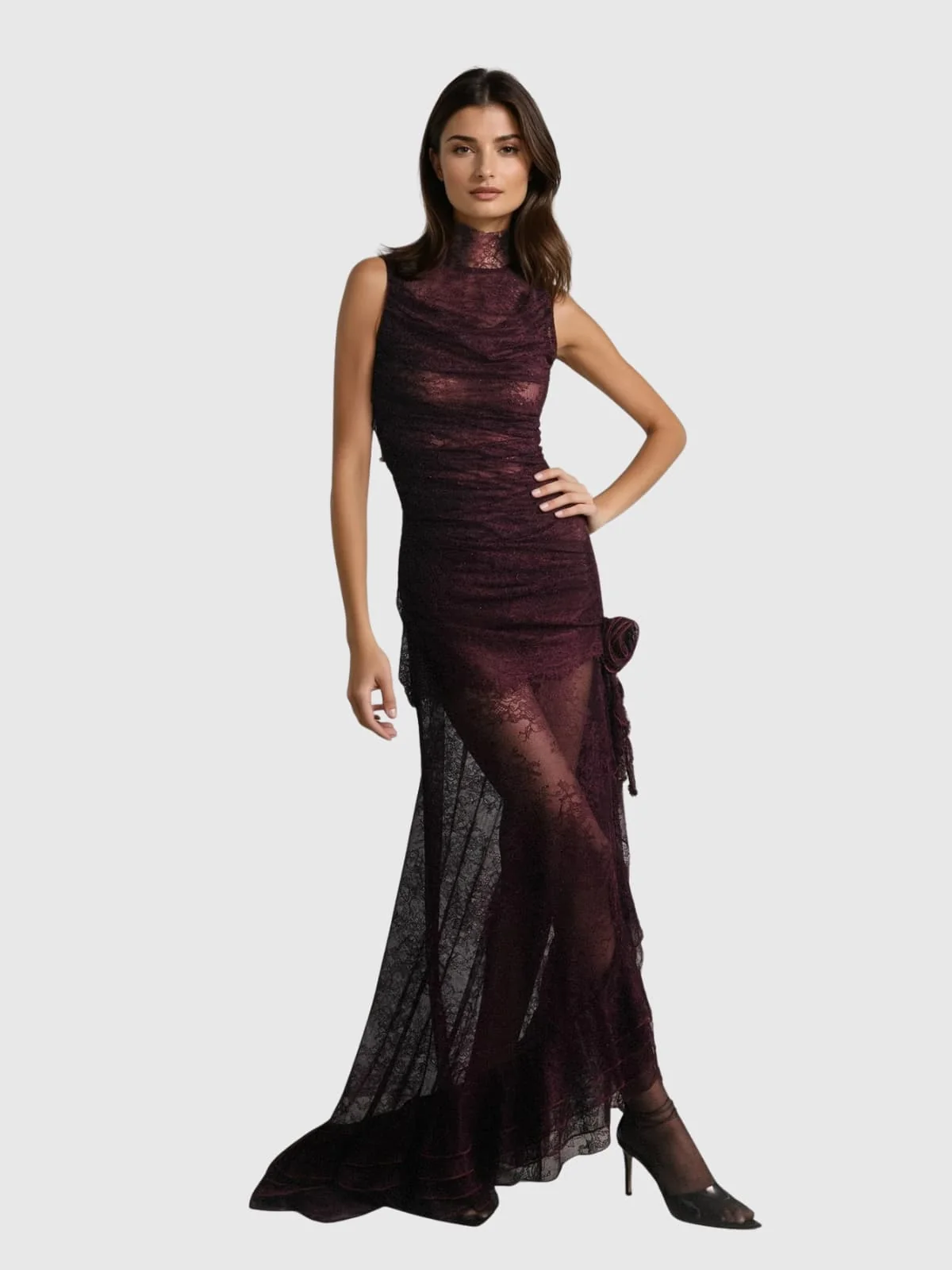 Elegant Lace Ruffle Maxi Dress - Sophisticated High Neck Design