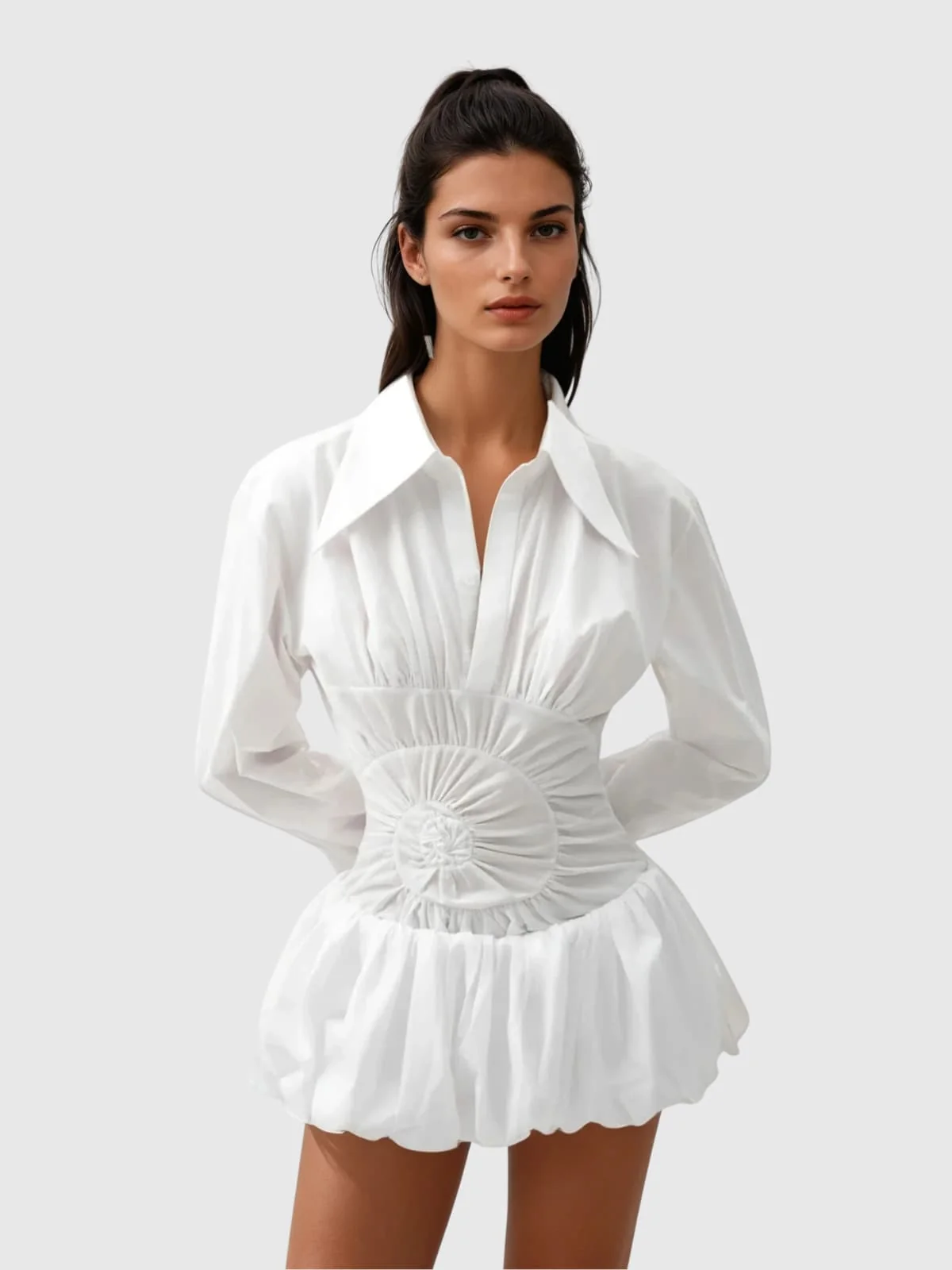 Chic White Bubble Hem Mini Dress with Folded Collar