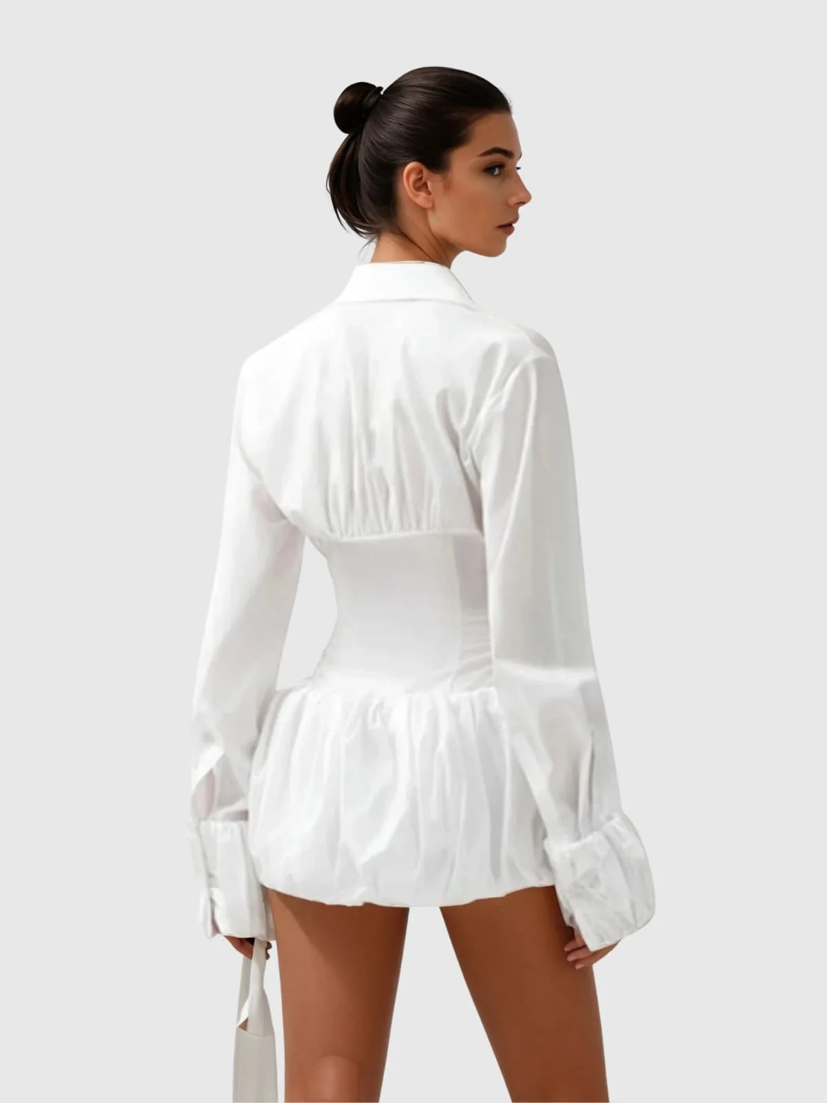 Chic White Bubble Hem Mini Dress with Folded Collar