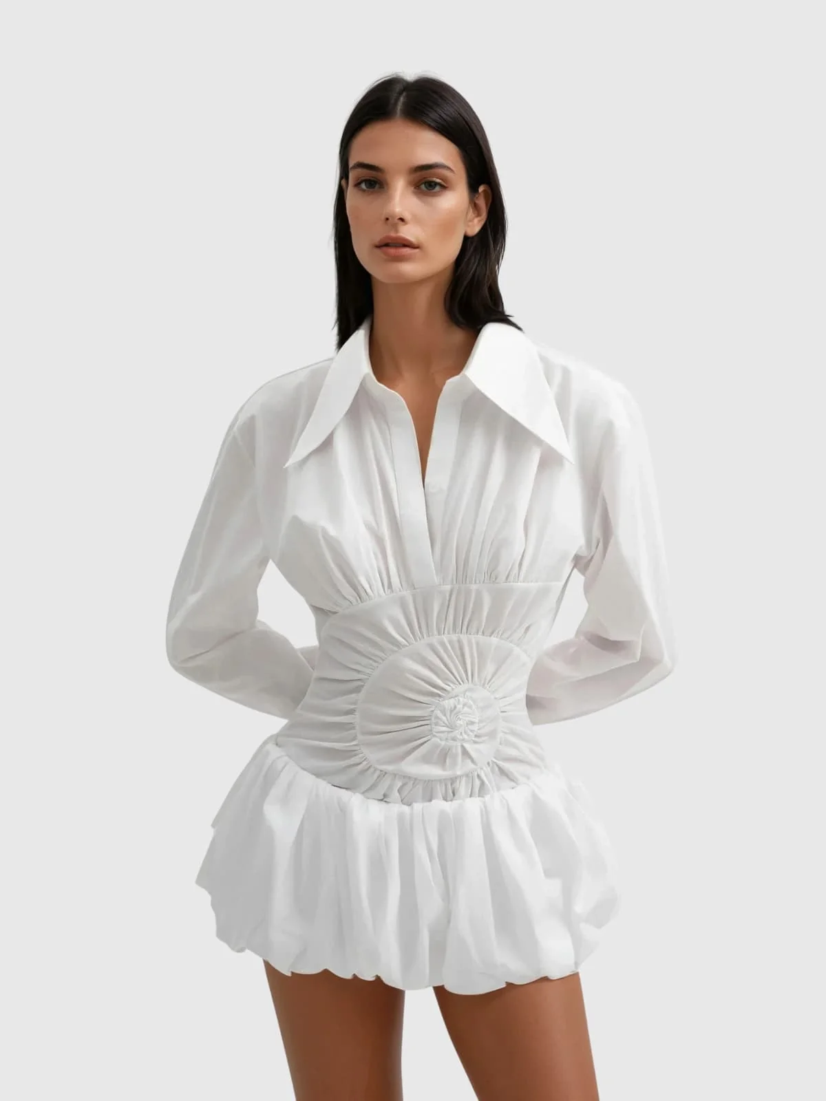 Chic White Bubble Hem Mini Dress with Folded Collar