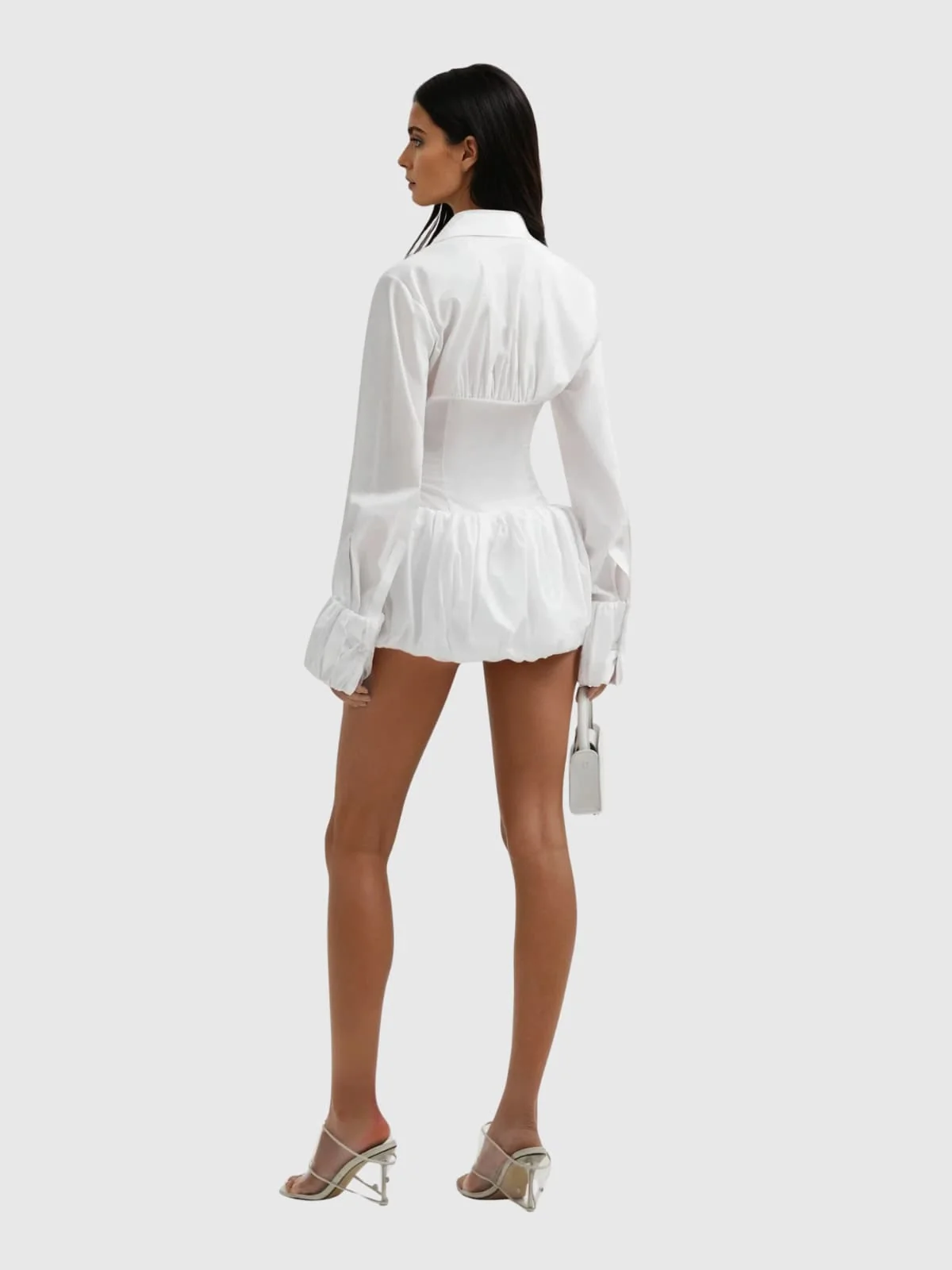 Chic White Bubble Hem Mini Dress with Folded Collar