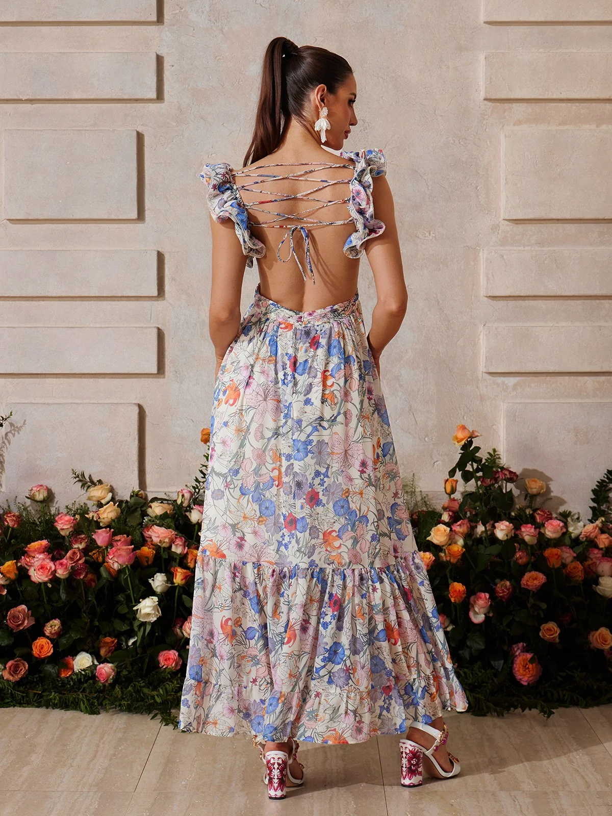Floral Ruffle Maxi Dress - Romantic Backless Design