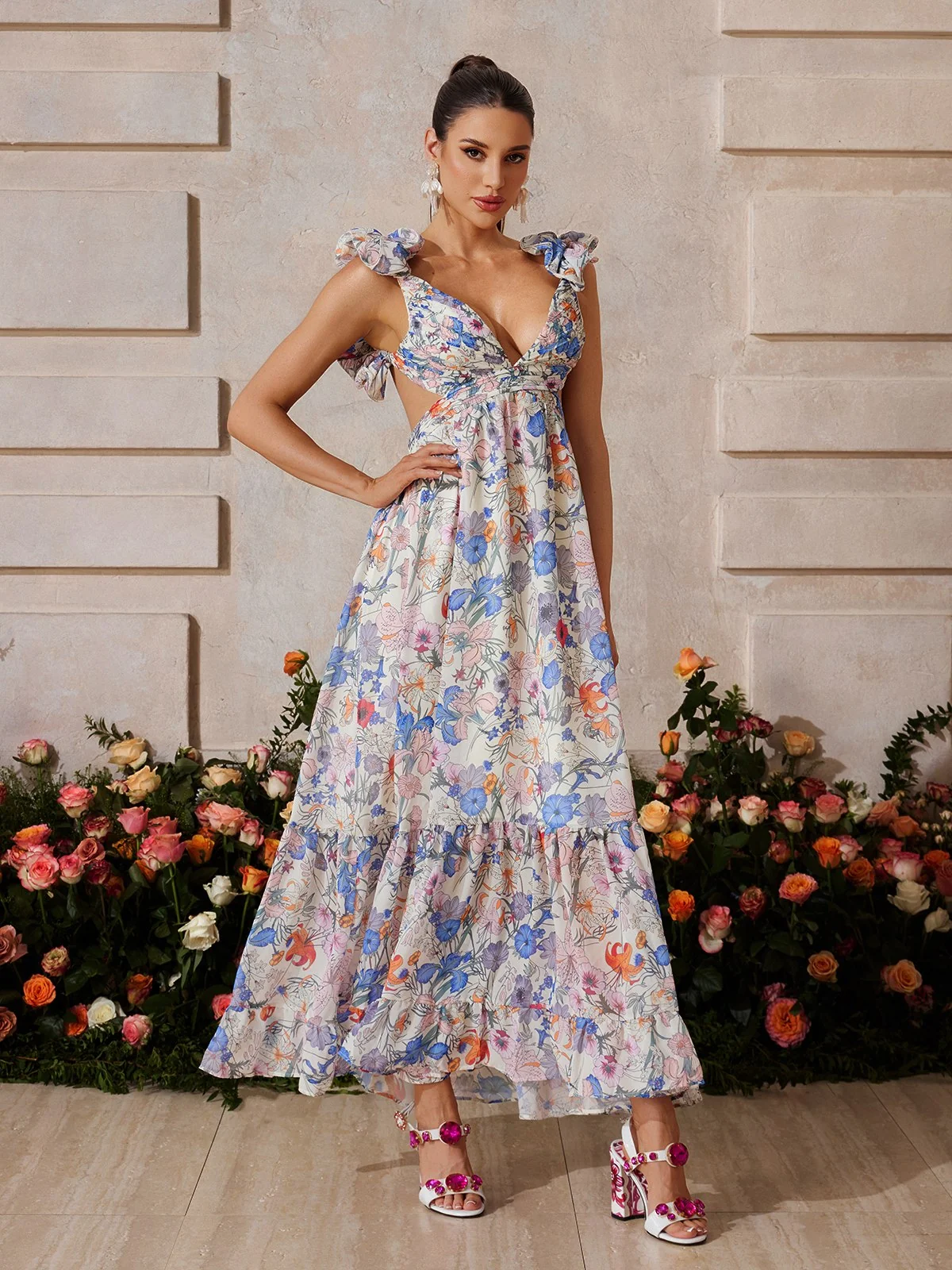 Floral Ruffle Maxi Dress - Romantic Backless Design