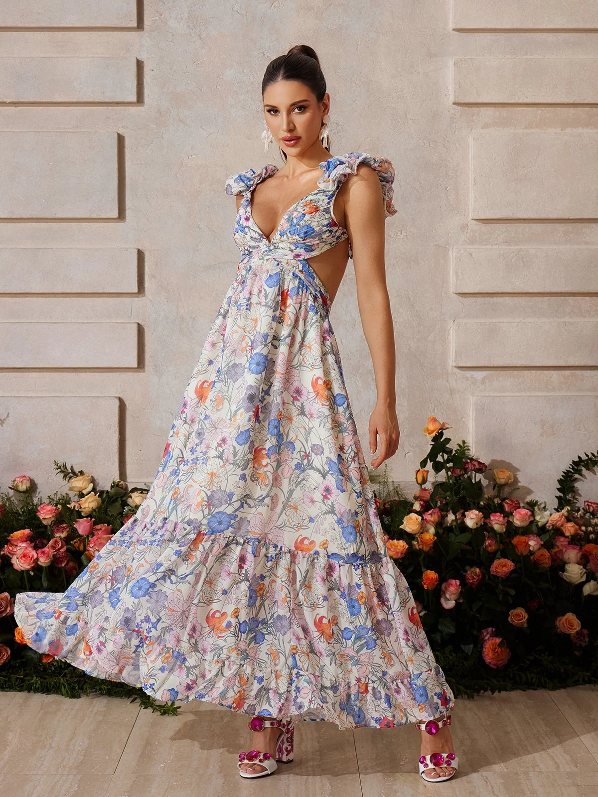 Floral Ruffle Maxi Dress - Romantic Backless Design