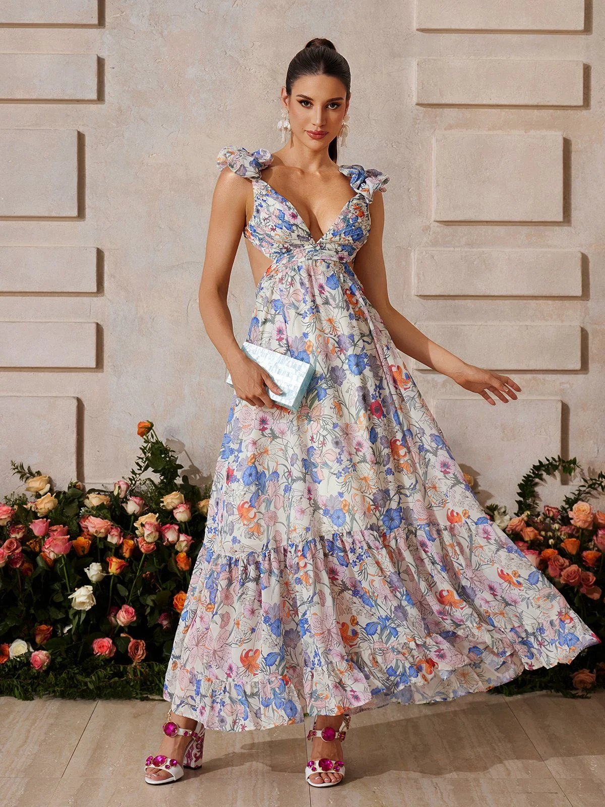 Floral Ruffle Maxi Dress - Romantic Backless Design