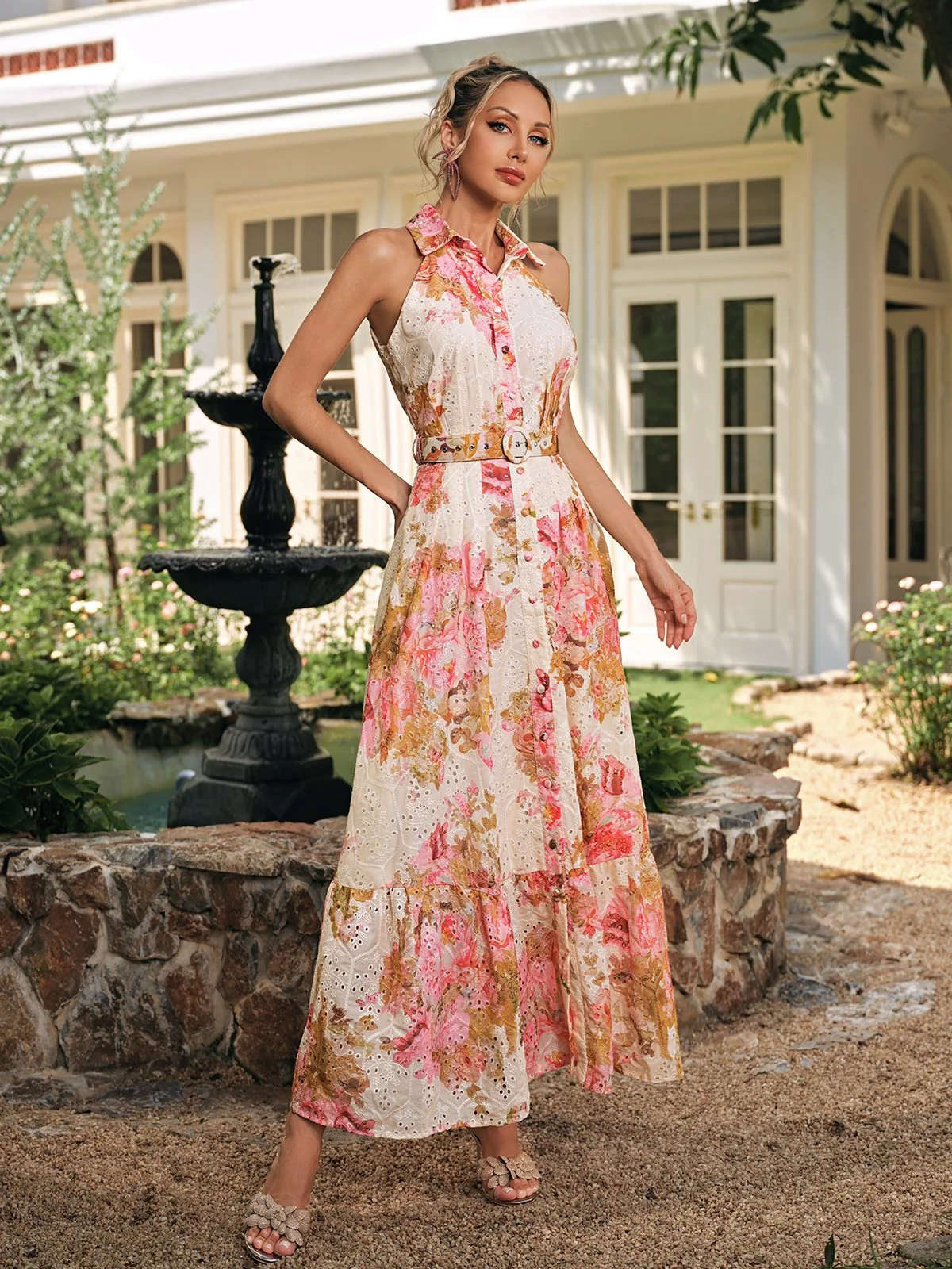 Vibrant Floral Printed Maxi Dress with Folded Collar