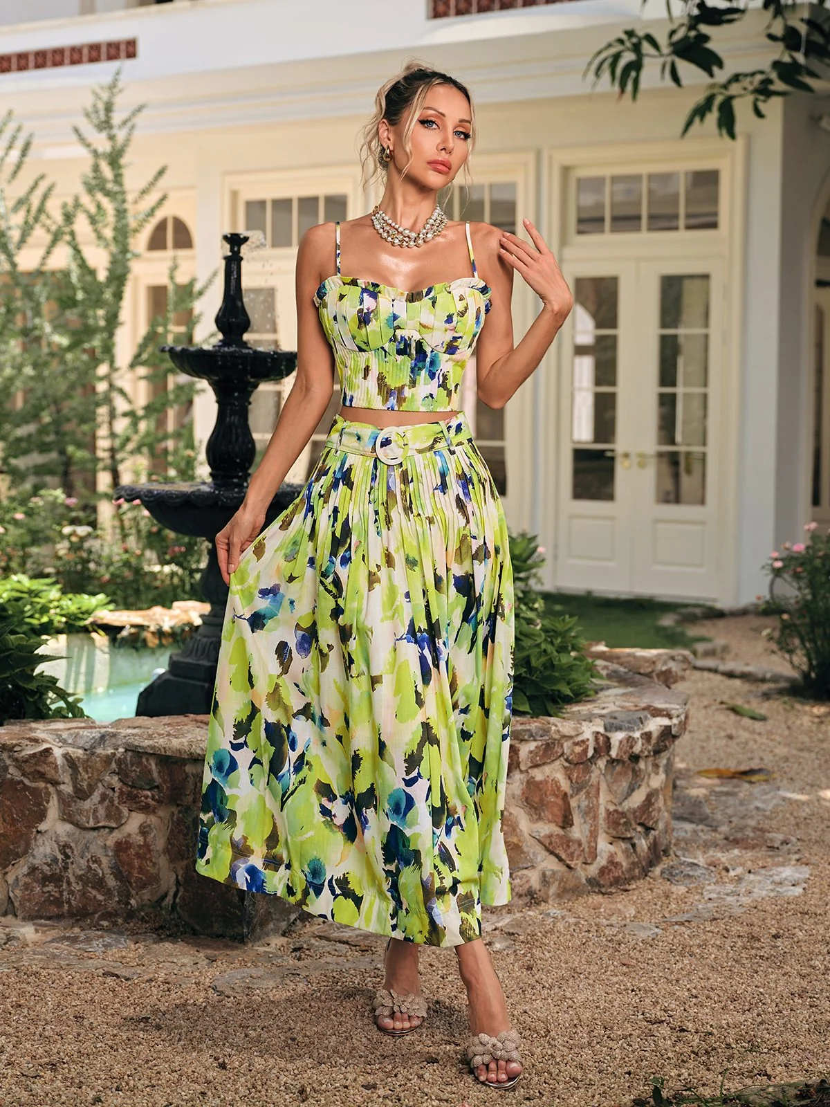 Printed Pleated Skirt Set for Women - Elegant Chic Style