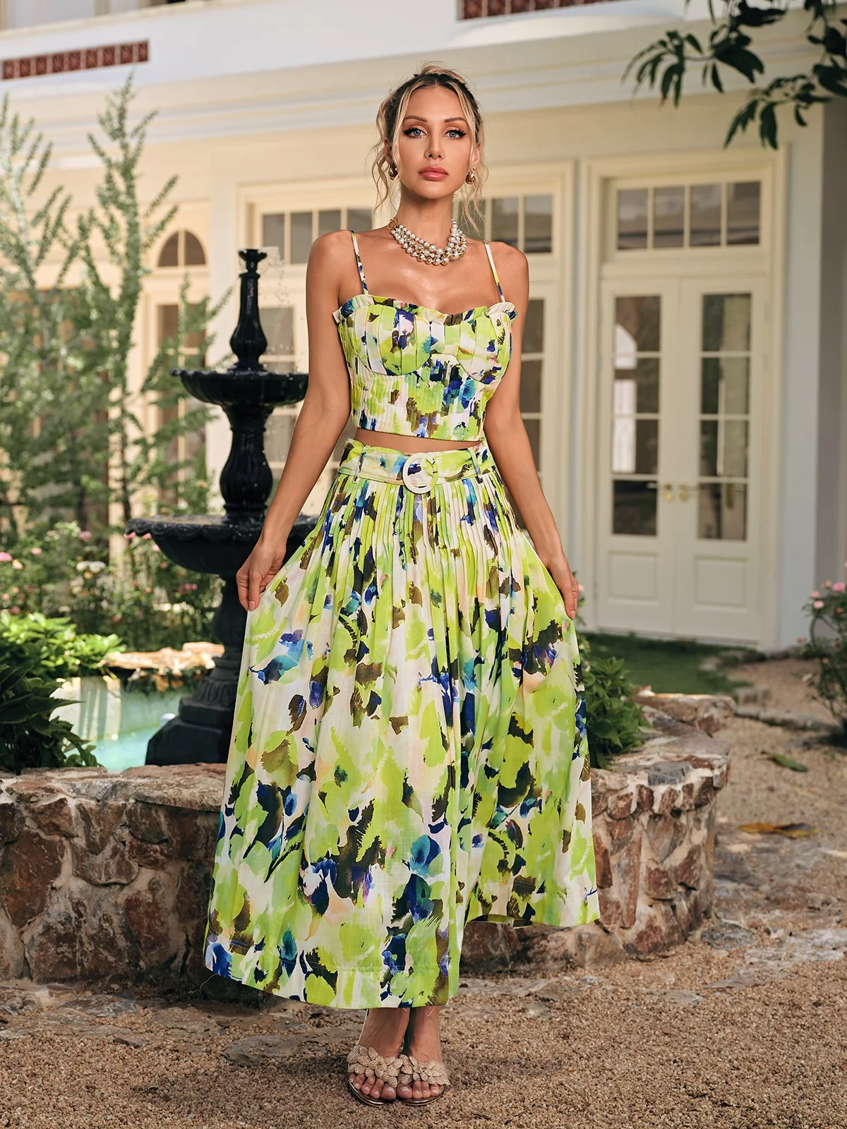 Printed Pleated Skirt Set for Women - Elegant Chic Style