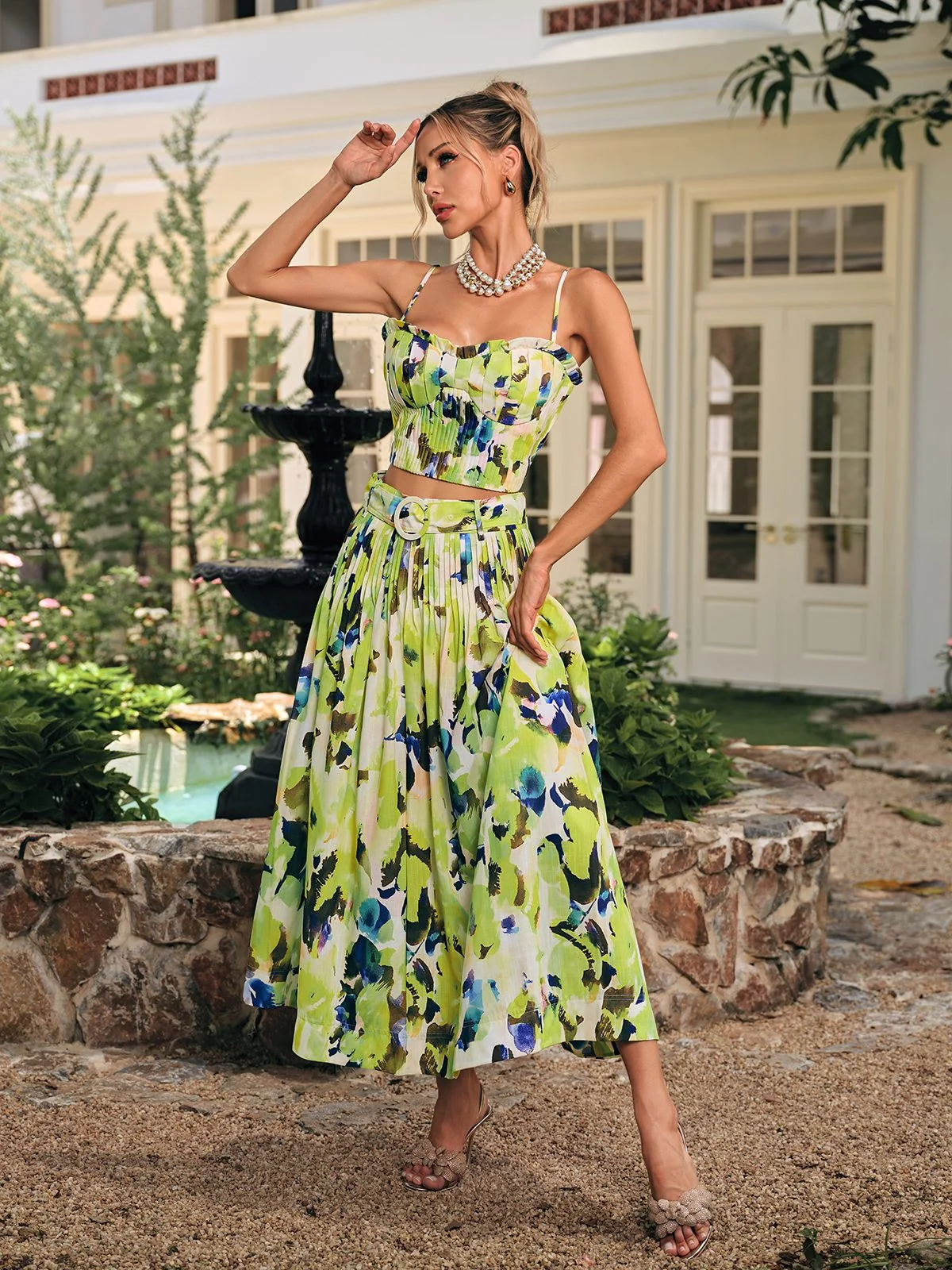 Printed Pleated Skirt Set for Women - Elegant Chic Style