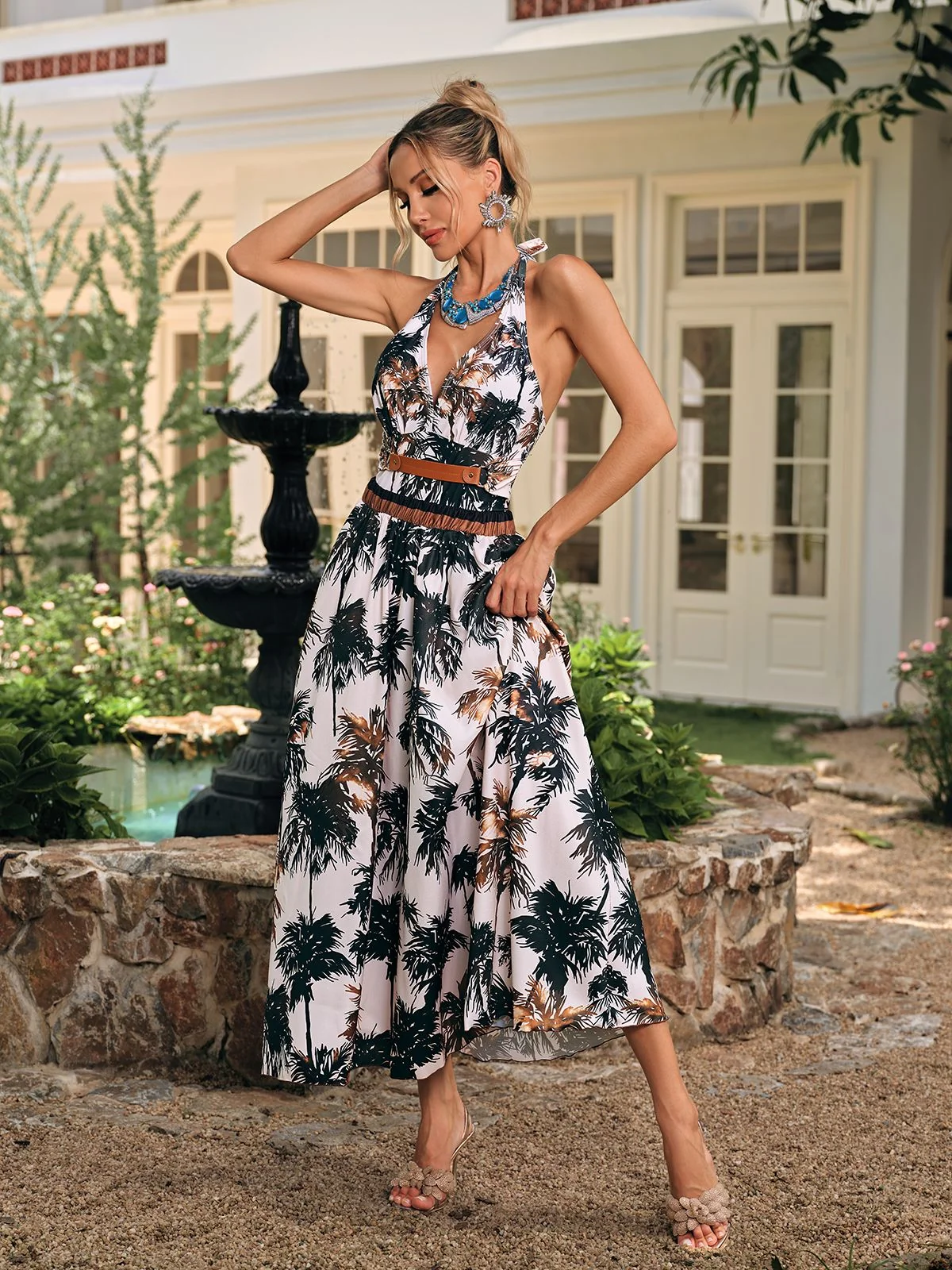 Chic V-Neck Two-Piece Swimwear Set Brown Multi