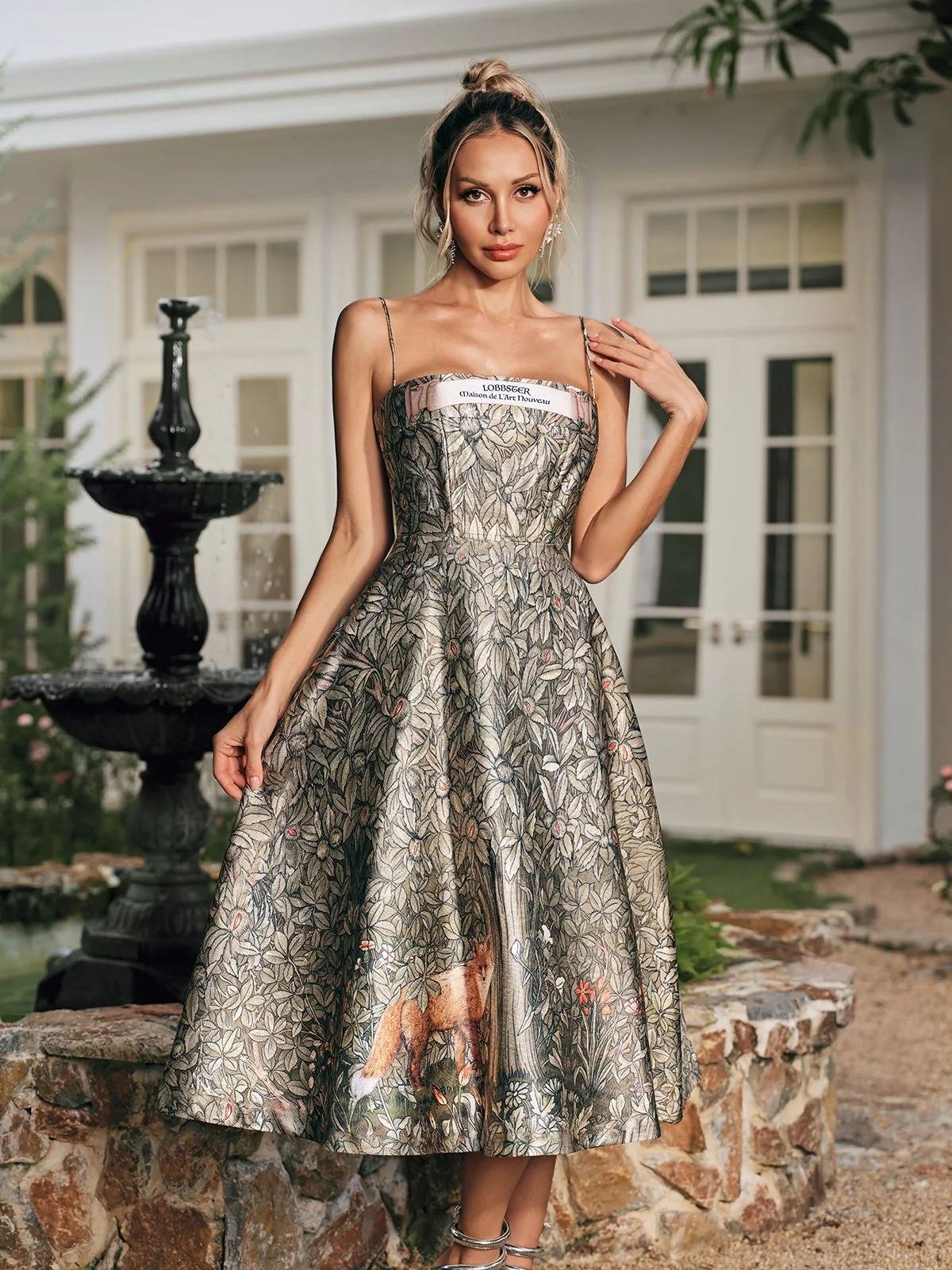 Printed Spaghetti Midi Dress in Vibrant Print