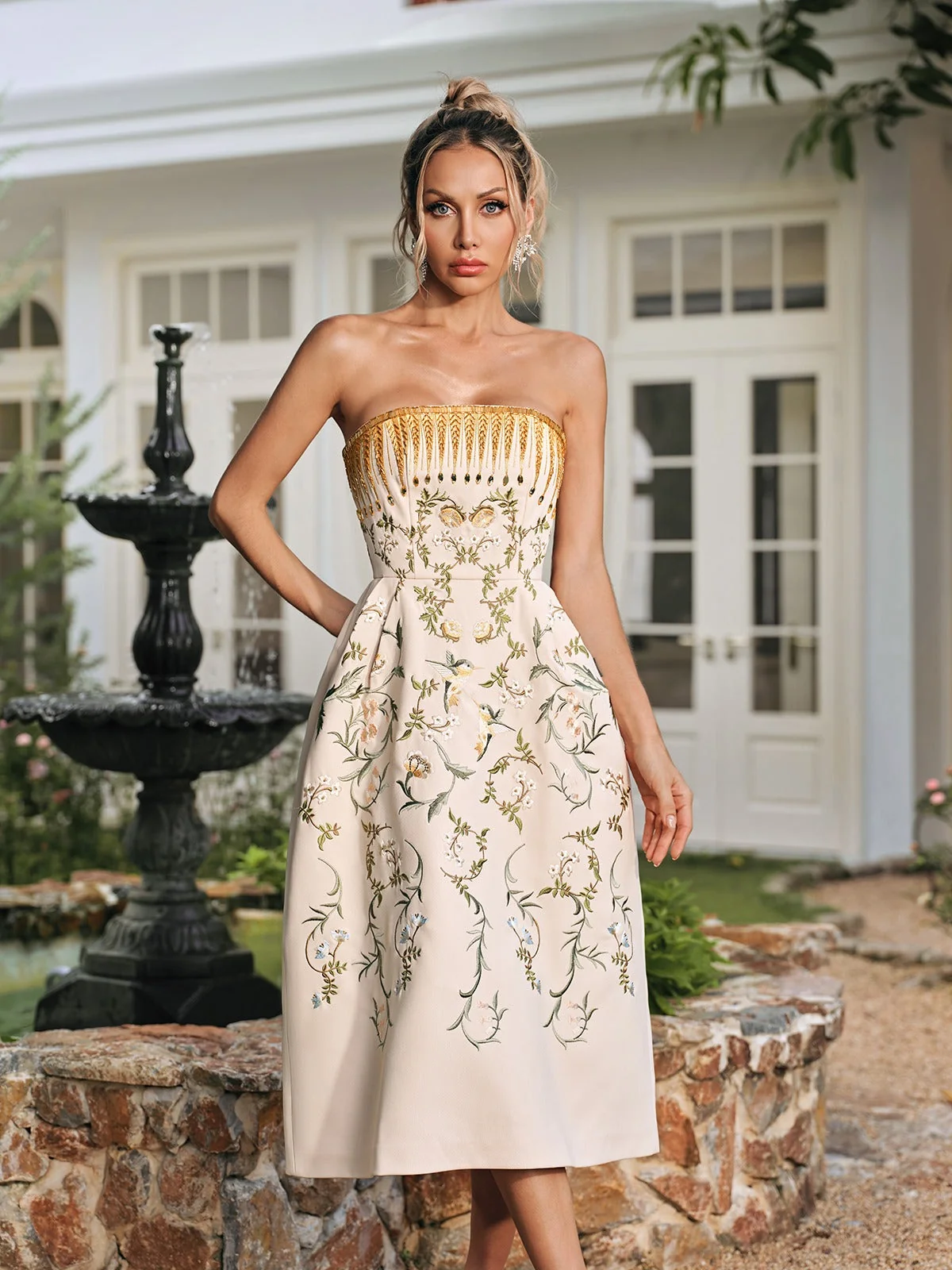 Elegant Embroidered Strapless Midi Dress - Wedding & Party Attire