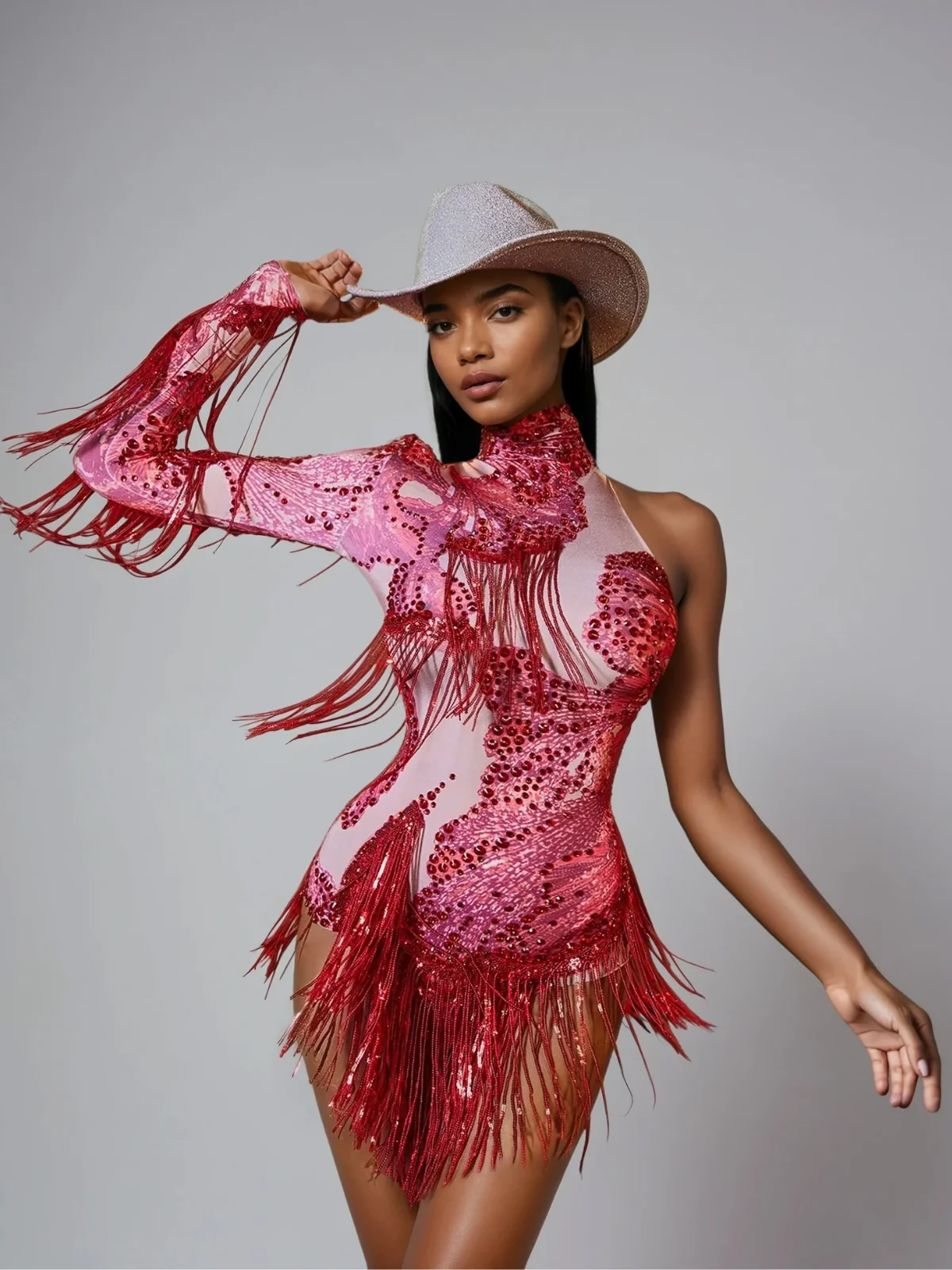 Red Fringe Rhinestone One Shoulder Jumpsuit