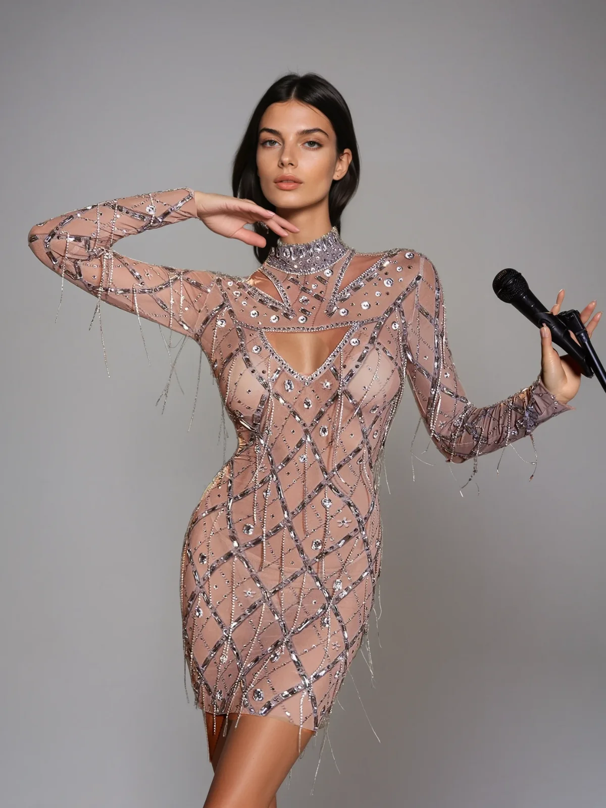 Sparkling Crystal Fringe Mini Dress in Nude