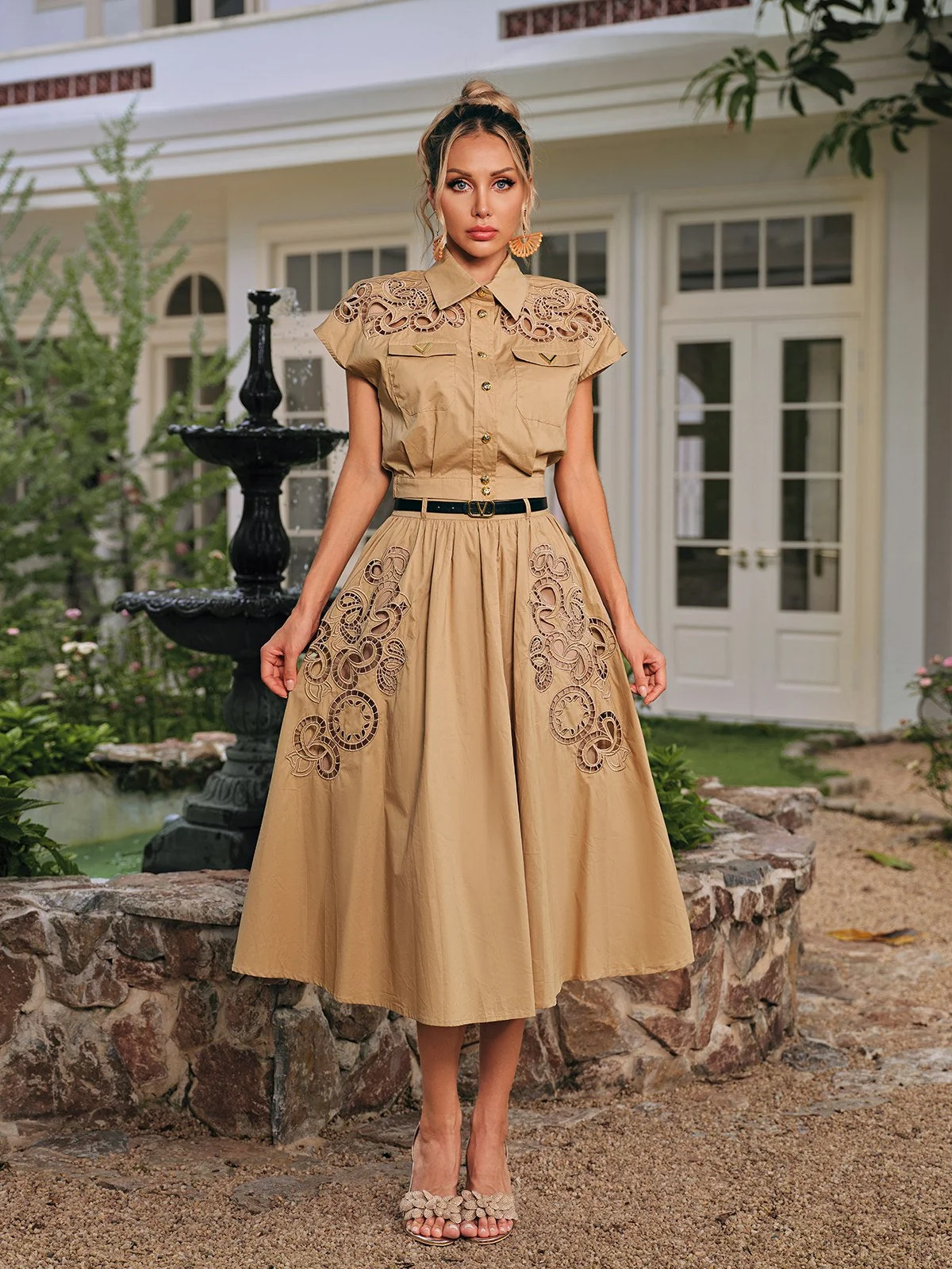 Embroidered Folded Collar Skirt Set in Khaki | Elegant Womens Ensemble