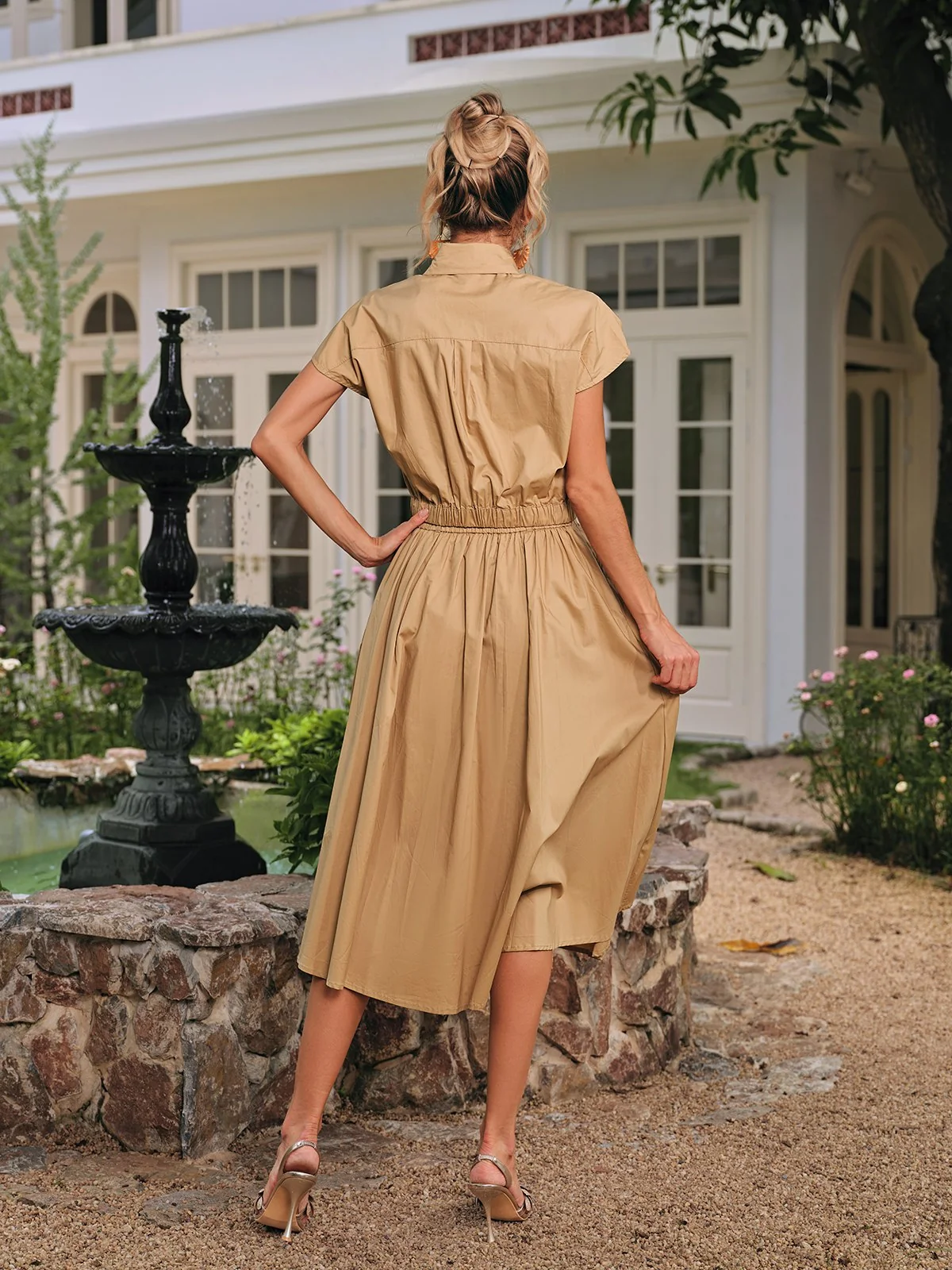 Embroidered Folded Collar Skirt Set in Khaki | Elegant Womens Ensemble
