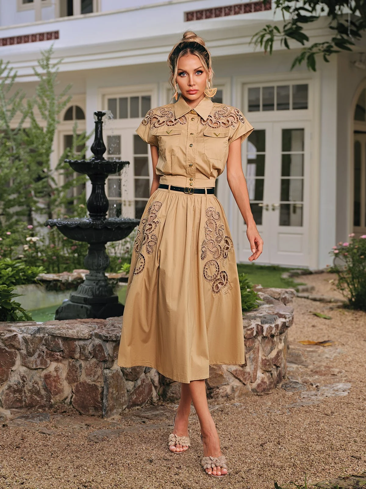 Embroidered Folded Collar Skirt Set in Khaki | Elegant Womens Ensemble