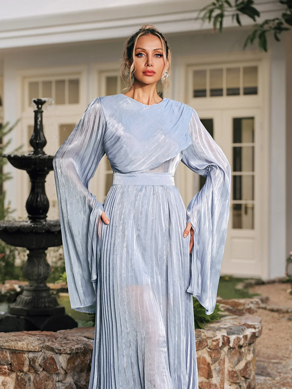 Blue Pleated Long Sleeve Maxi Dress - Elegant Style