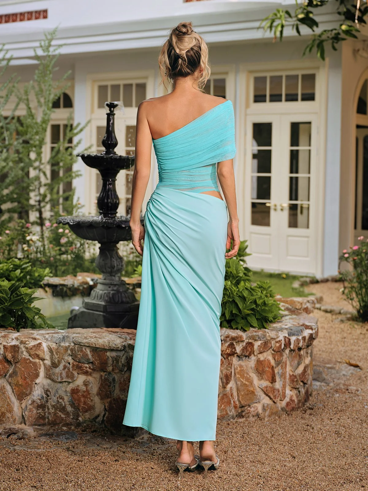 Elegant Green One-Shoulder Ruched Maxi Dress