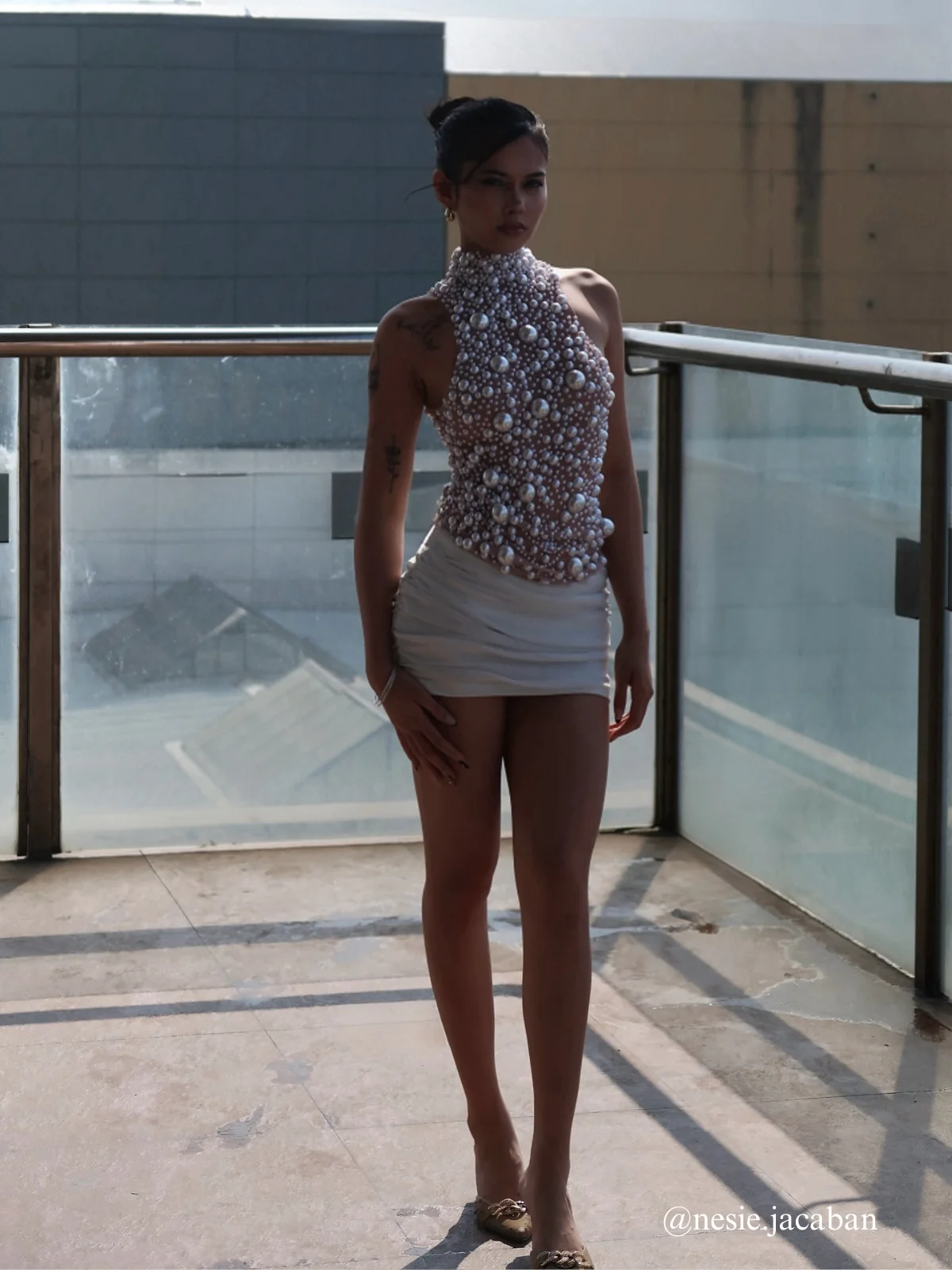 Elegant High Neck Pearl Mesh Top | Kunigunde Style