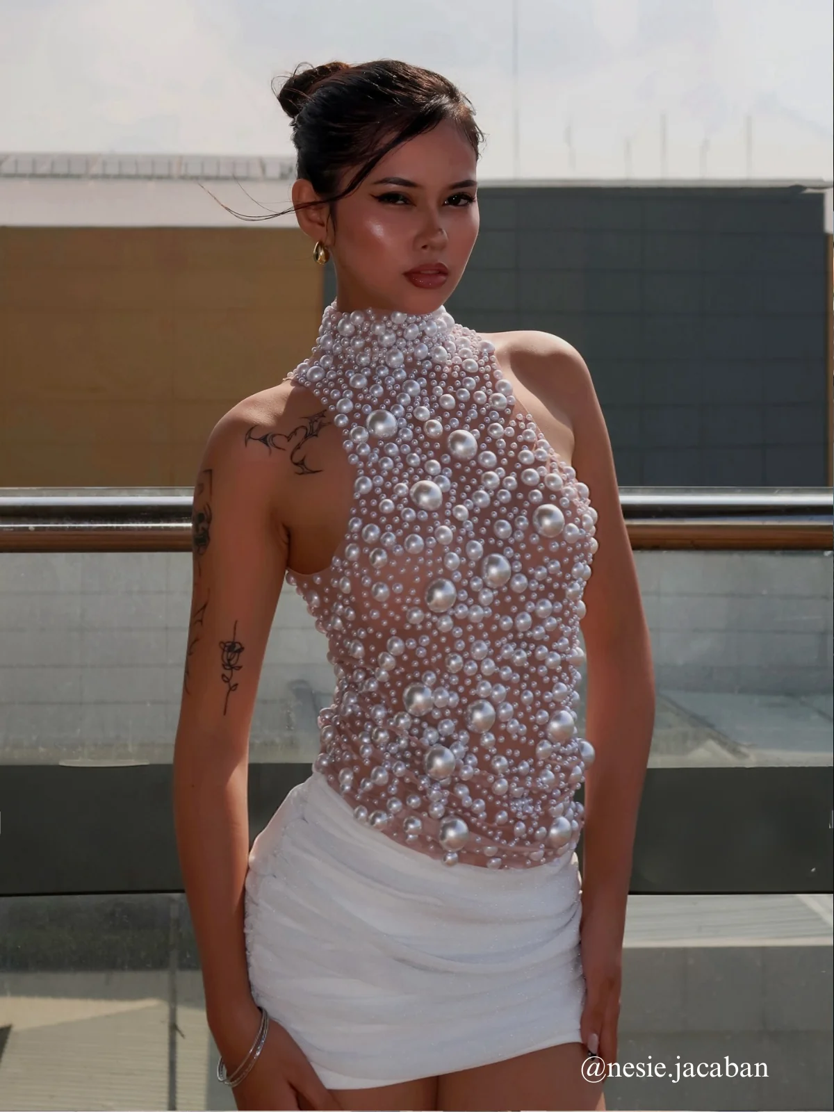 Elegant High Neck Pearl Mesh Top | Kunigunde Style