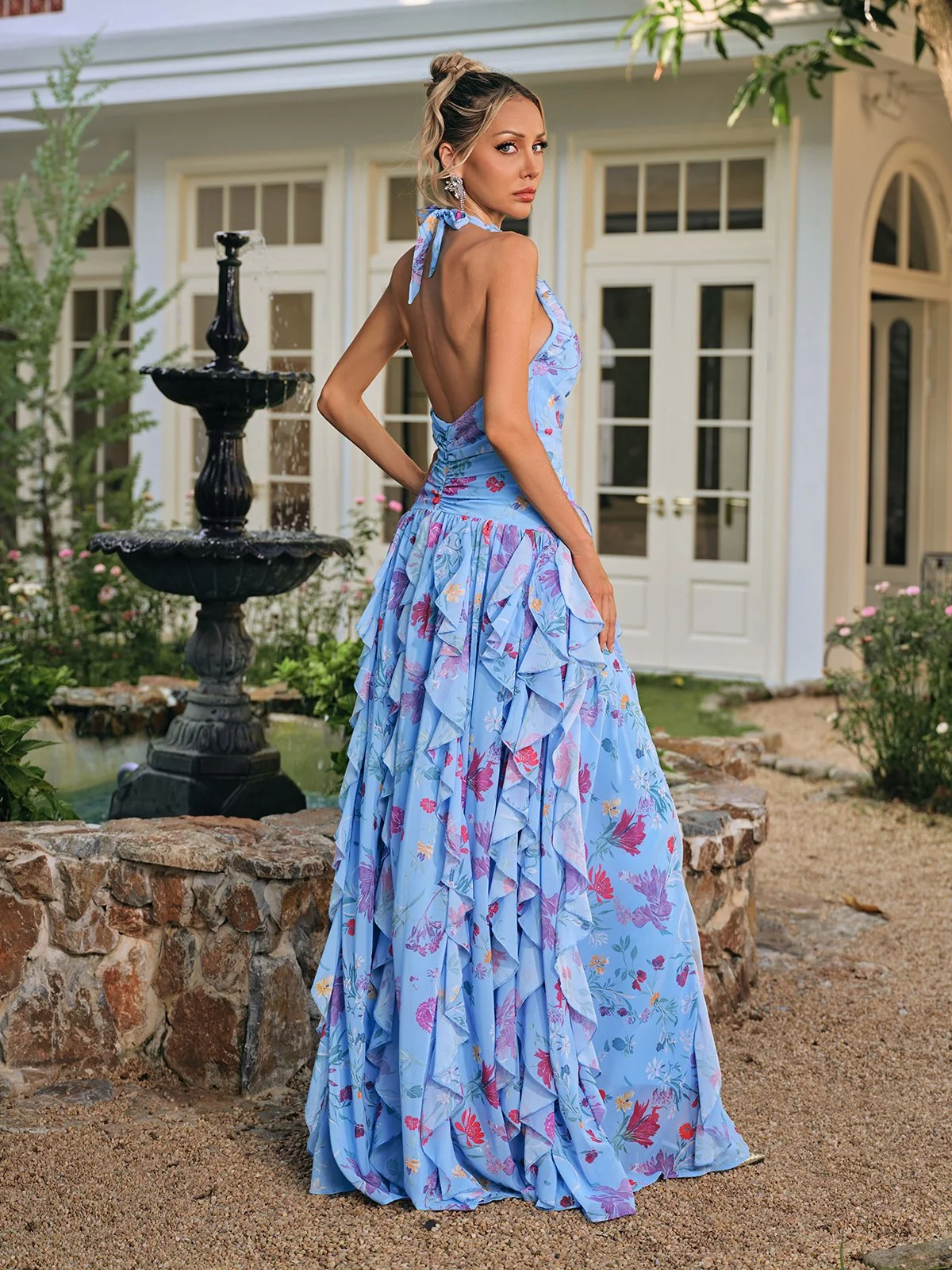 Floral Ruffle Split Maxi Dress - Elegant Halterneck Design