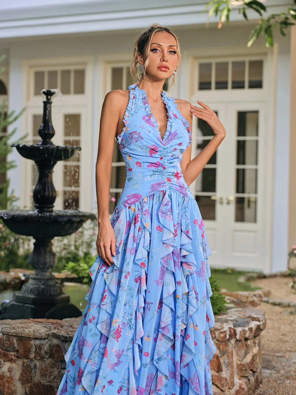 Floral Ruffle Split Maxi Dress - Elegant Halterneck Design