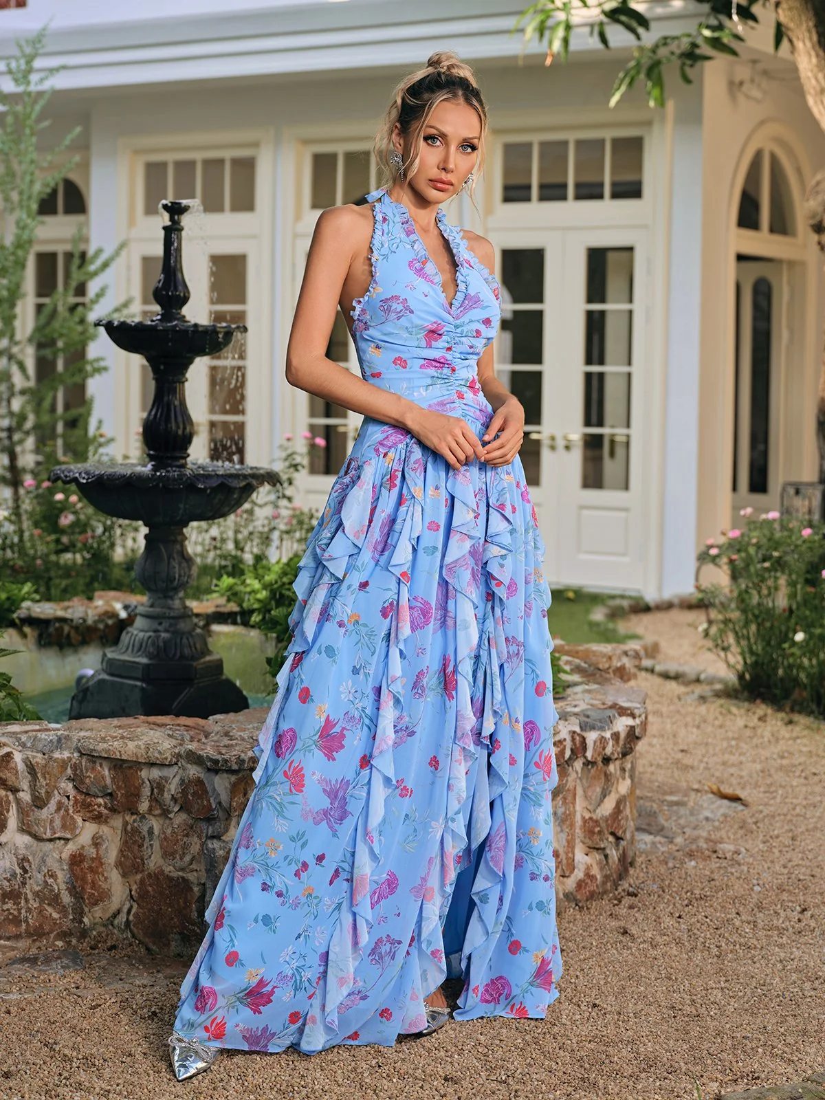 Floral Ruffle Split Maxi Dress - Elegant Halterneck Design