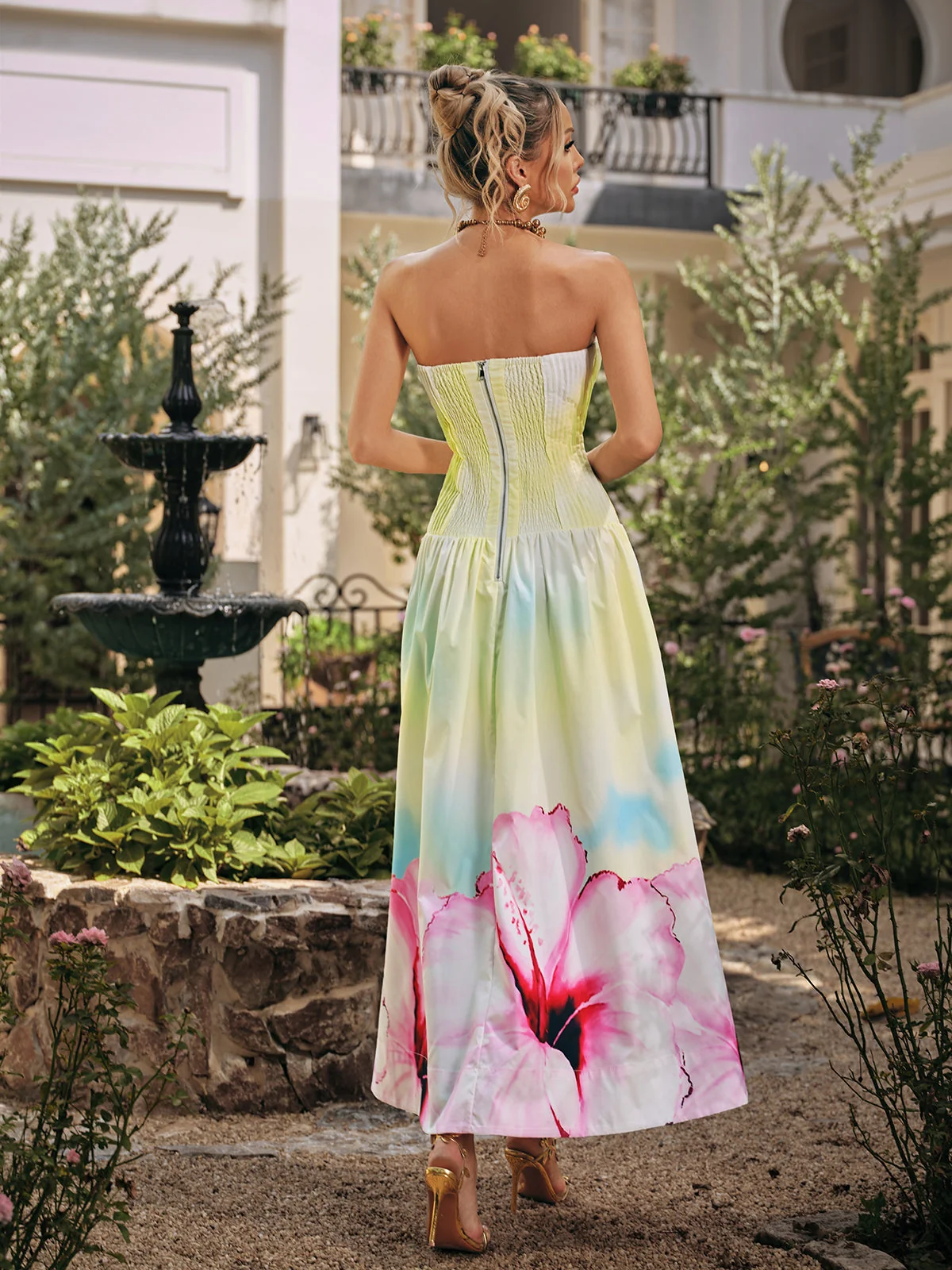 Strapless Floral Pleated Maxi Dress in Yellow | Li Fu